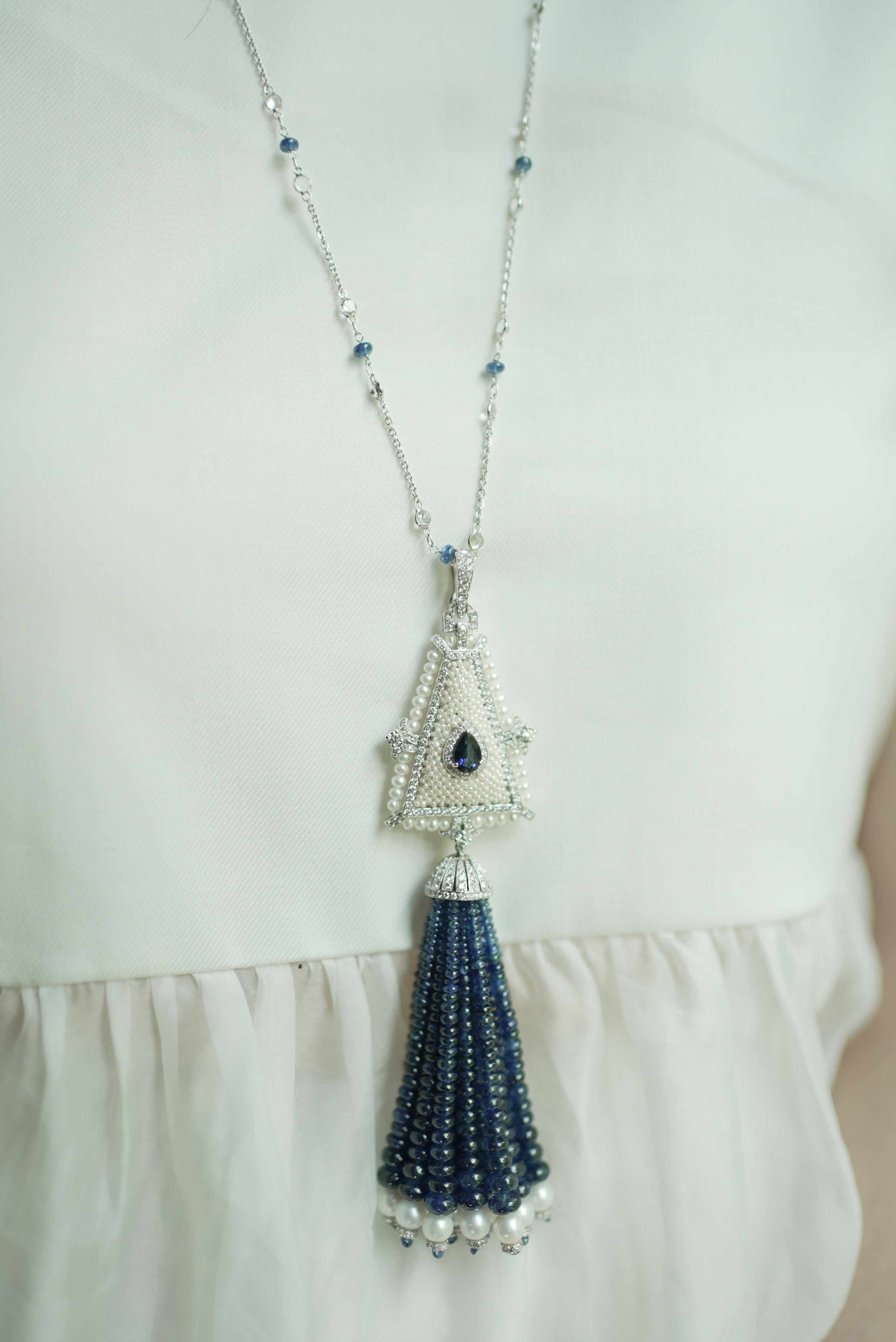 18k White Gold Sapphire Freshwater Pearl Diamond Tassel Necklace For Sale 3