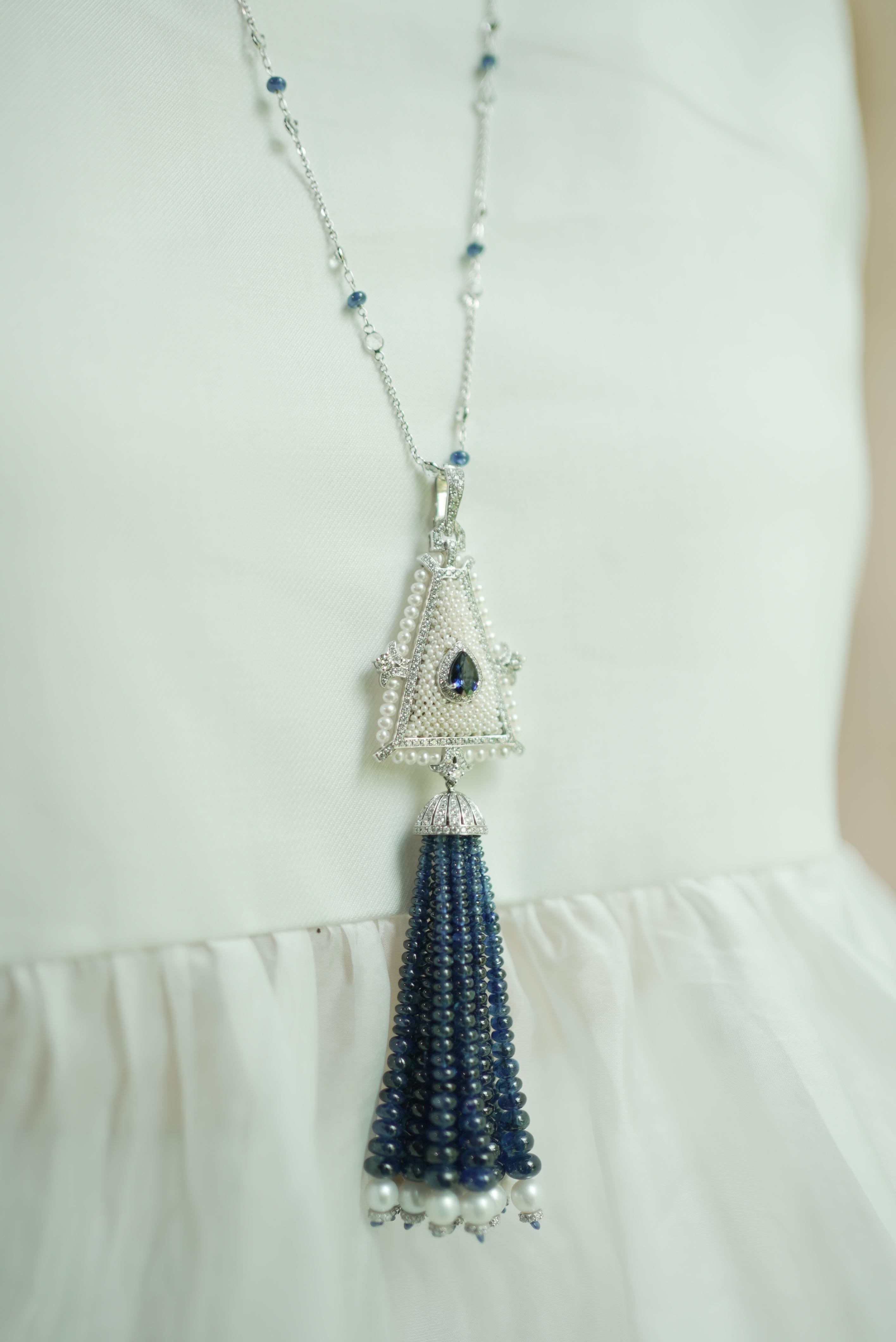 18k White Gold Sapphire Freshwater Pearl Diamond Tassel Necklace
