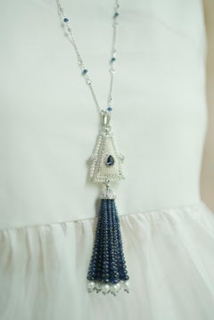 18k White Gold Sapphire Freshwater Pearl Diamond Tassel Necklace