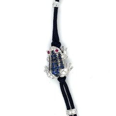18K White Gold Sapphire Frog Woven Bracelet with Diamonds & Rubies