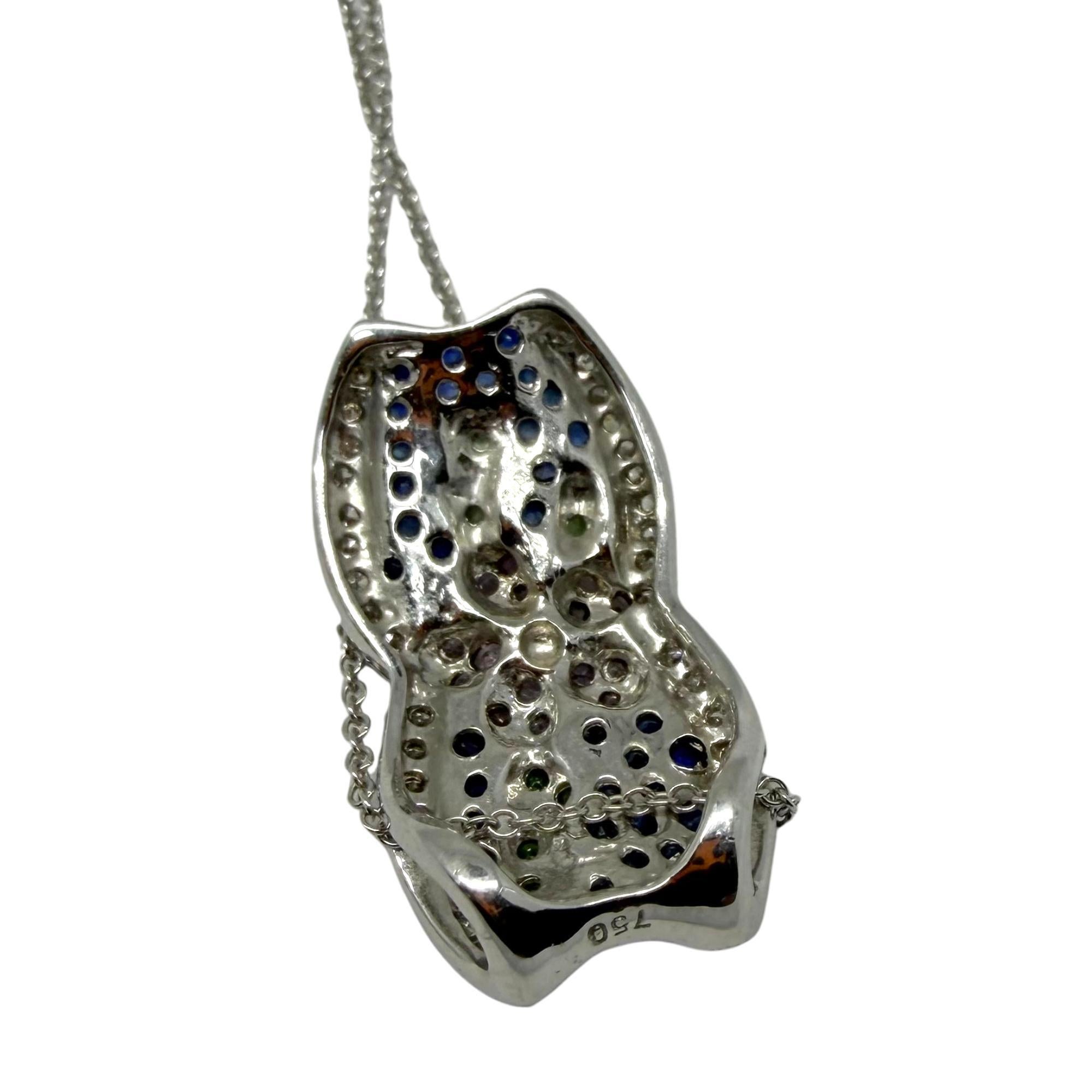 18K Weißgold Saphir, Granat, Tsavorit und Diamant Anhänger Halskette mit Blumen im Angebot 3