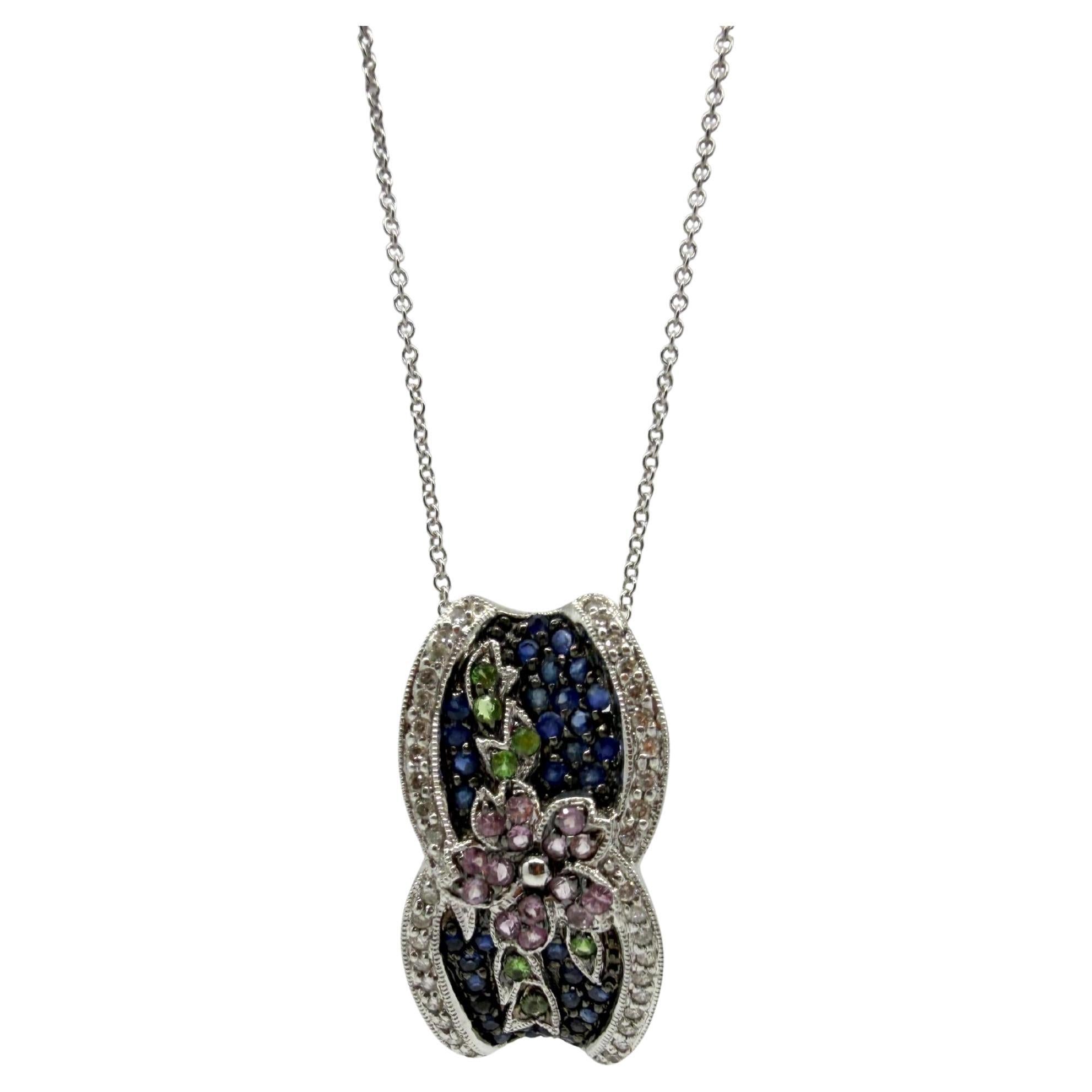 18K Weißgold Saphir, Granat, Tsavorit und Diamant Anhänger Halskette mit Blumen