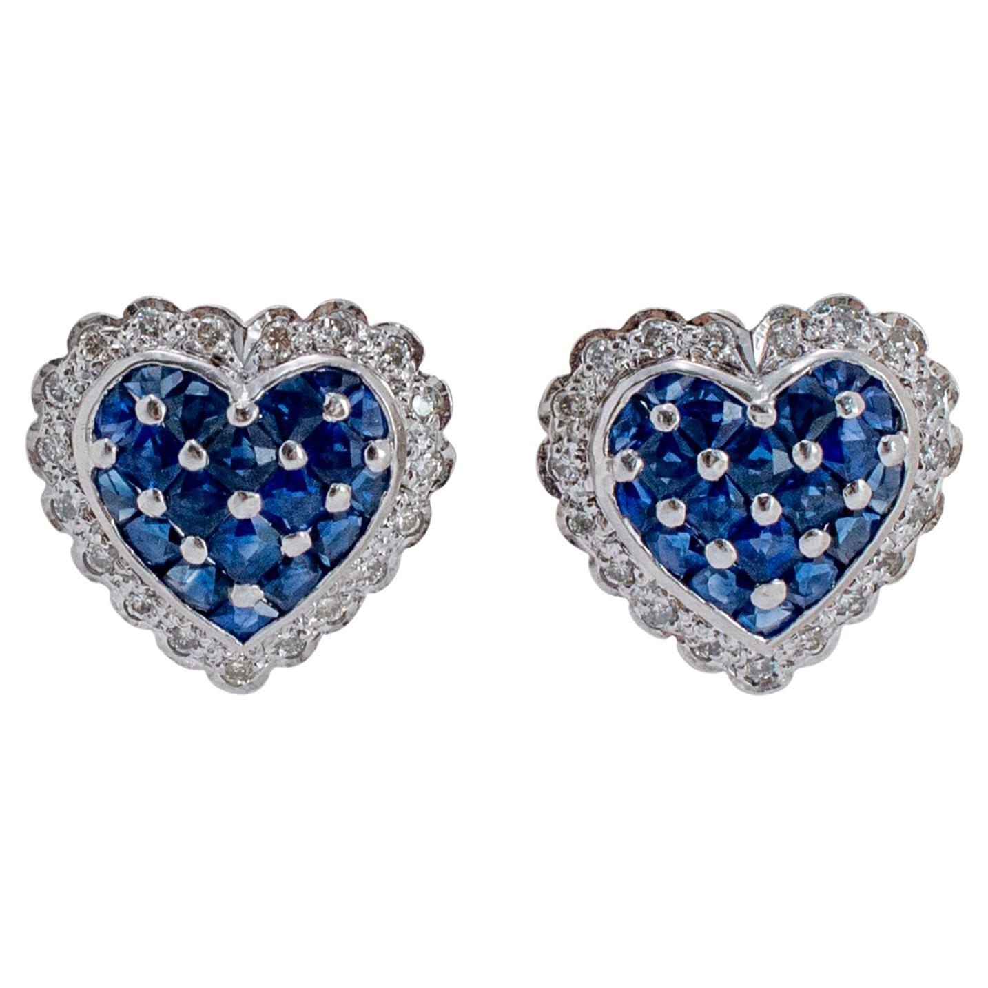 18K White Gold Sapphire Halo Diamond Heart Stud Earrings