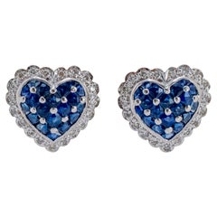 18K White Gold Sapphire Halo Diamond Heart Stud Earrings