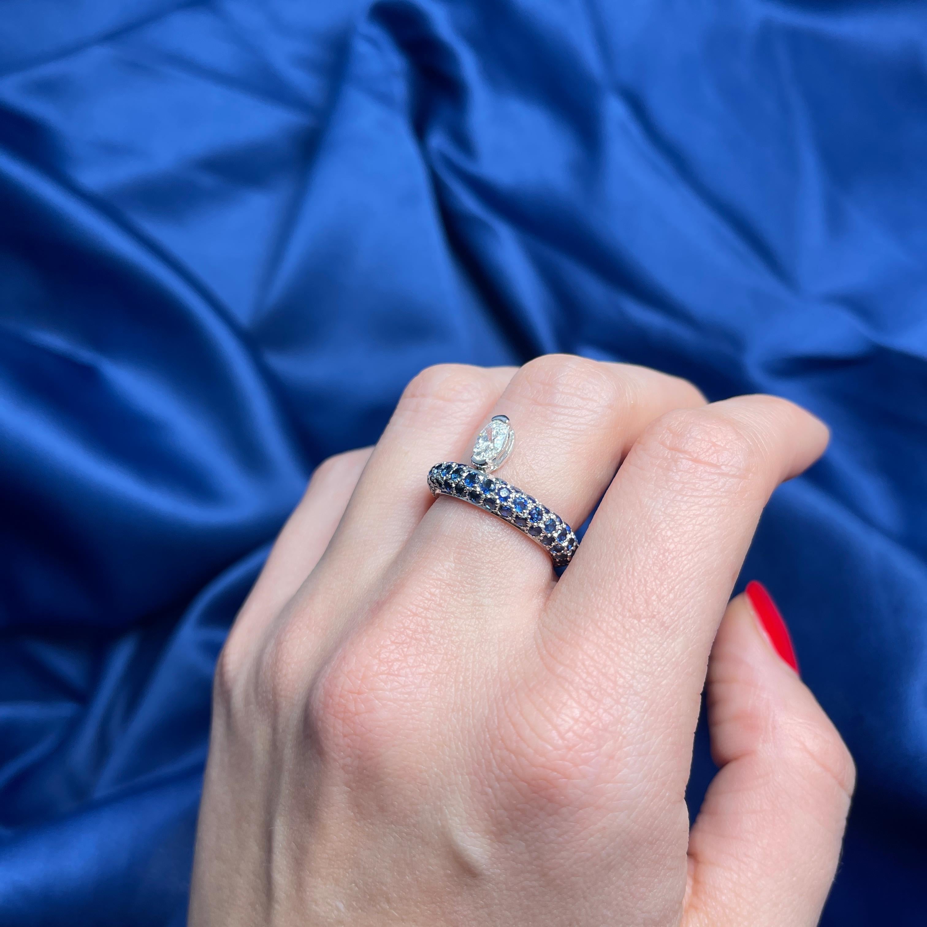 18K White Gold Sapphire Pavé Ring with Suspended Oval Diamond For Sale 5