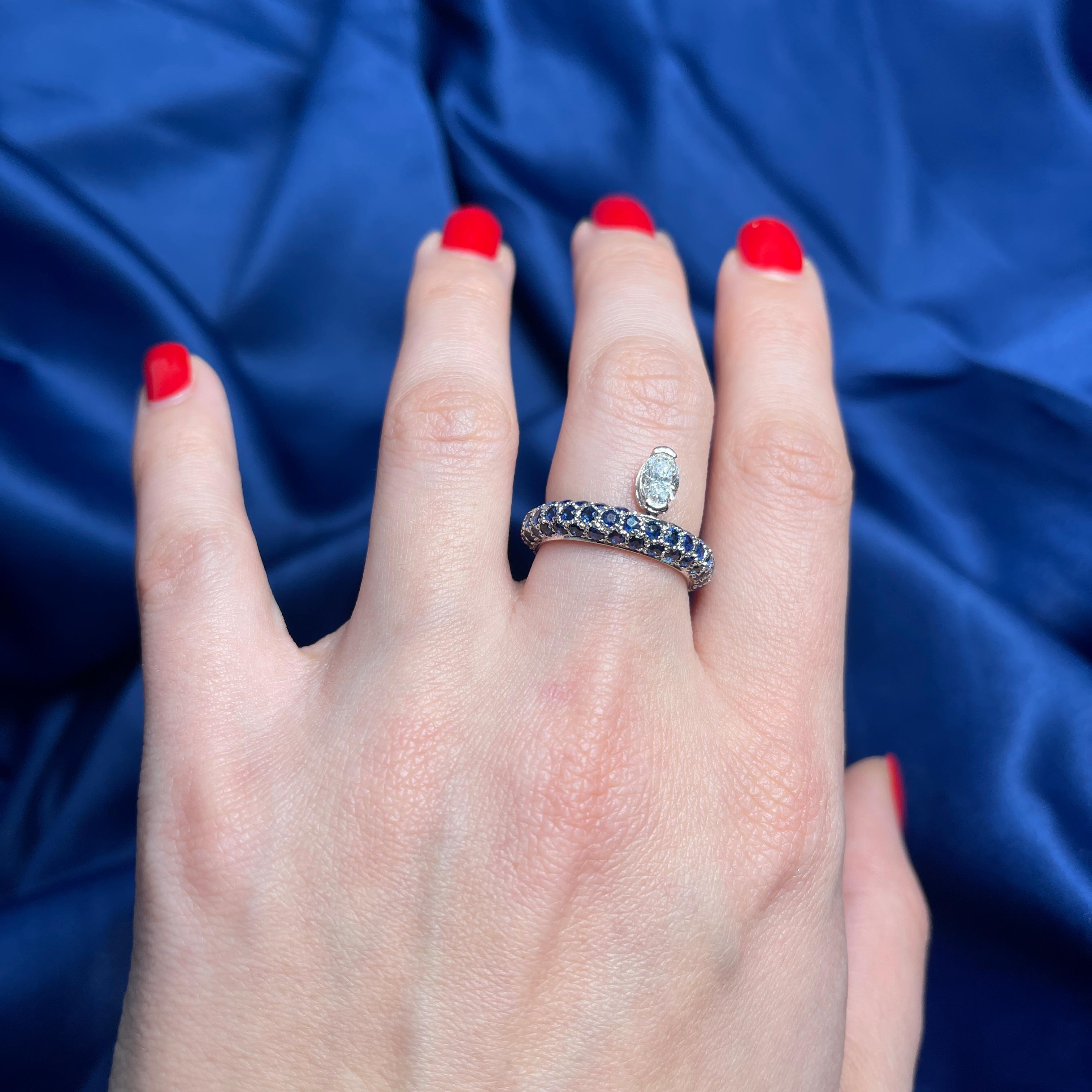 18K White Gold Sapphire Pavé Ring with Suspended Oval Diamond For Sale 6