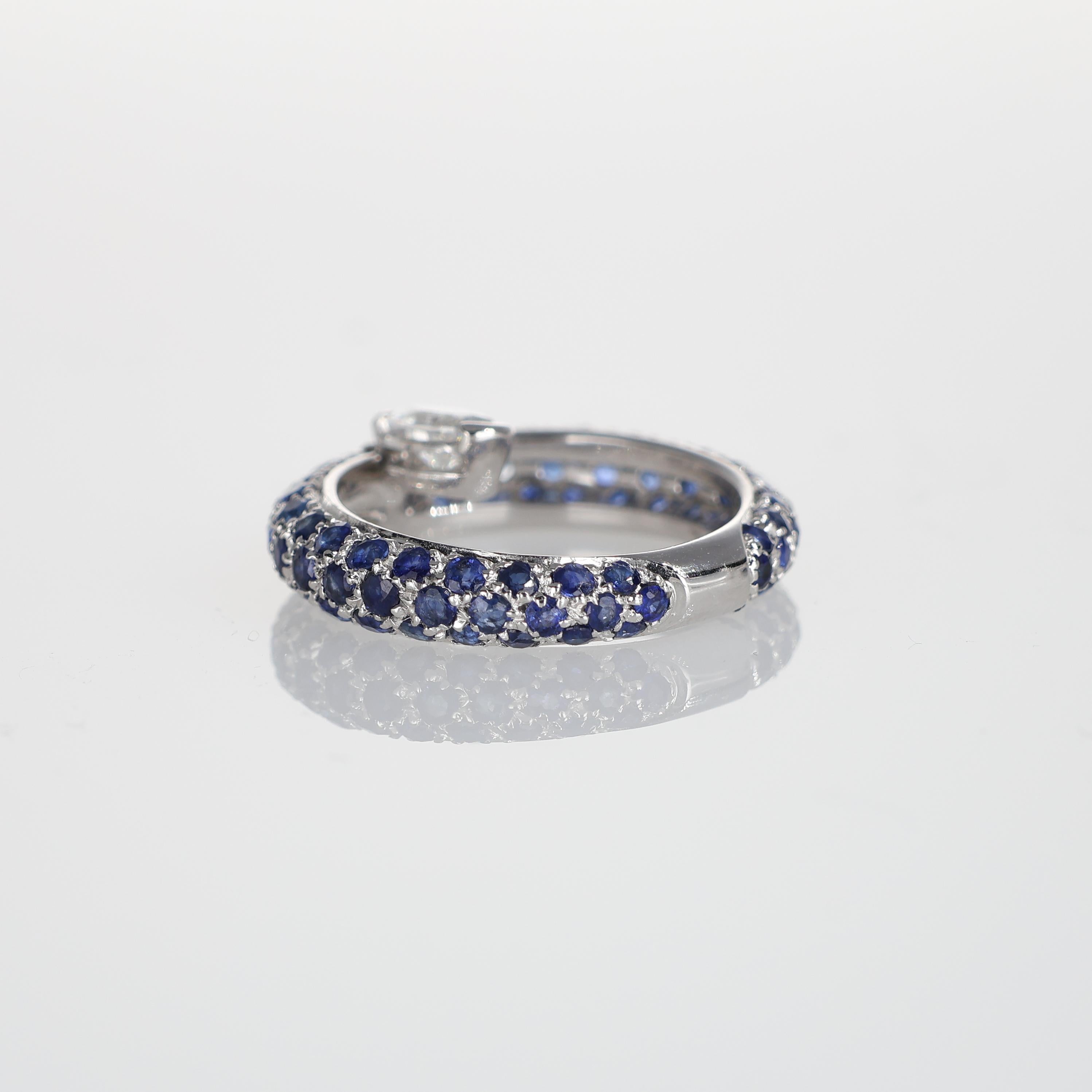 18K White Gold Sapphire Pavé Ring with Suspended Oval Diamond For Sale 1