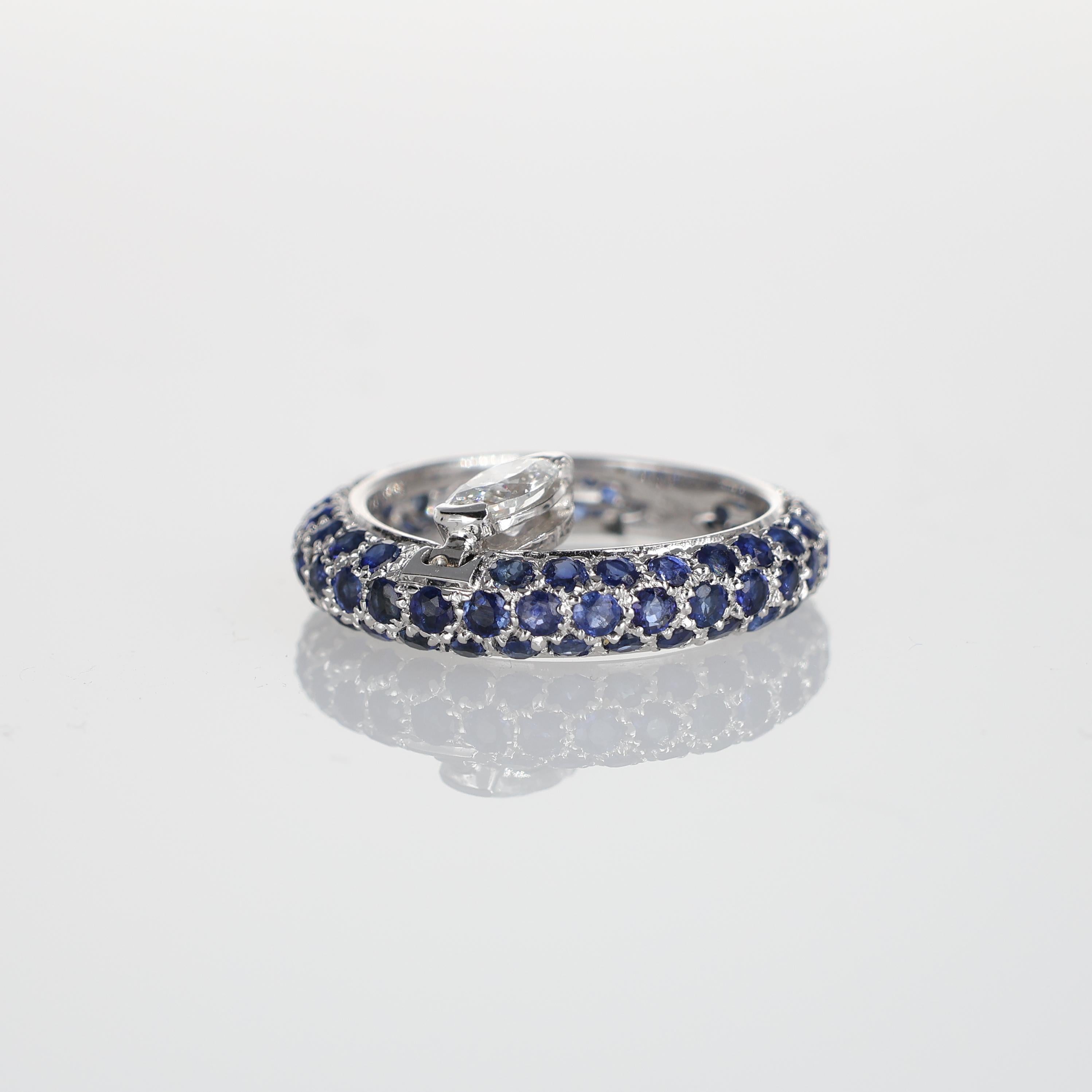 18K White Gold Sapphire Pavé Ring with Suspended Oval Diamond For Sale 2