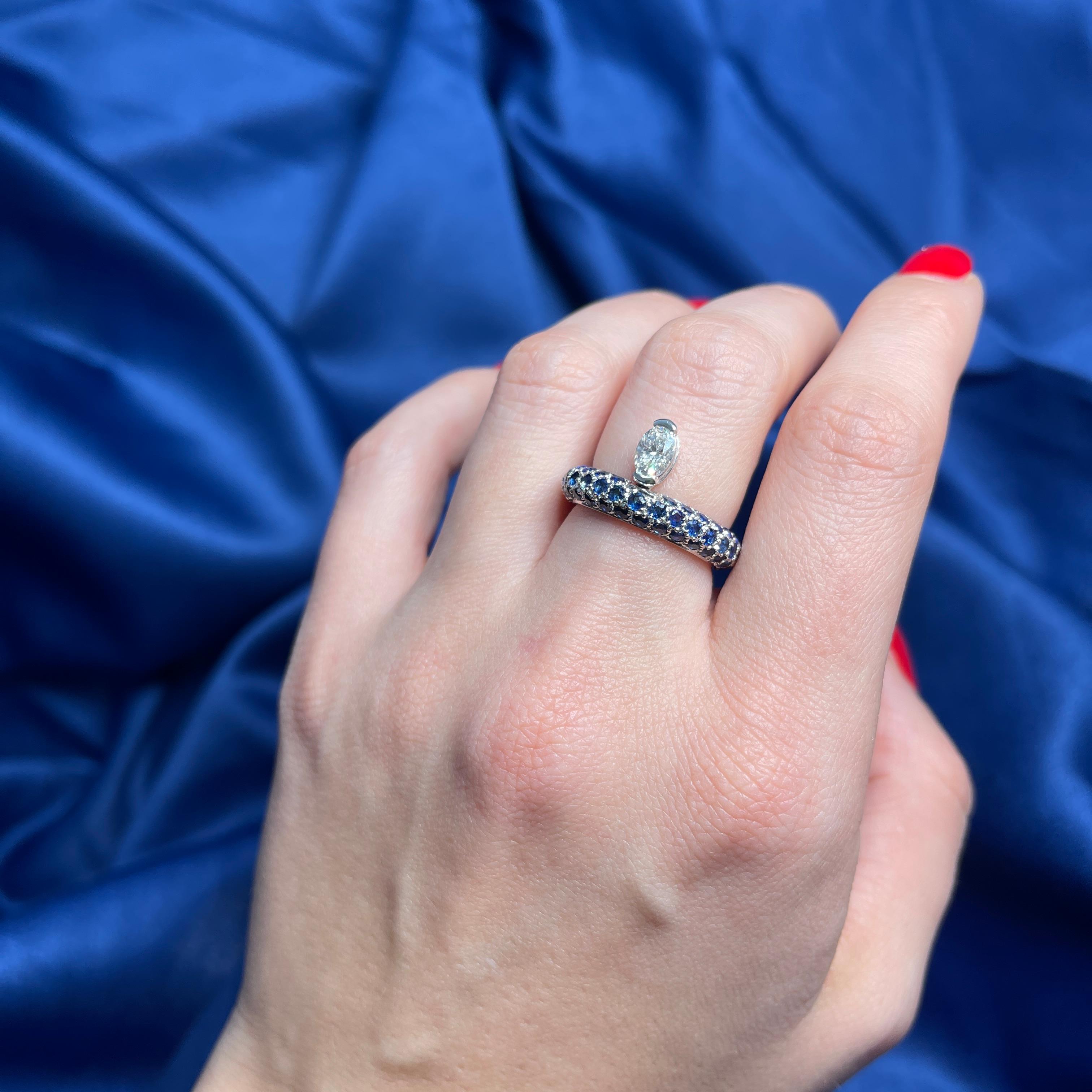 18K White Gold Sapphire Pavé Ring with Suspended Oval Diamond For Sale 4