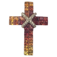 18K White Gold Sapphire, Ruby and Diamond Cross Enhancer Pendant  #19490