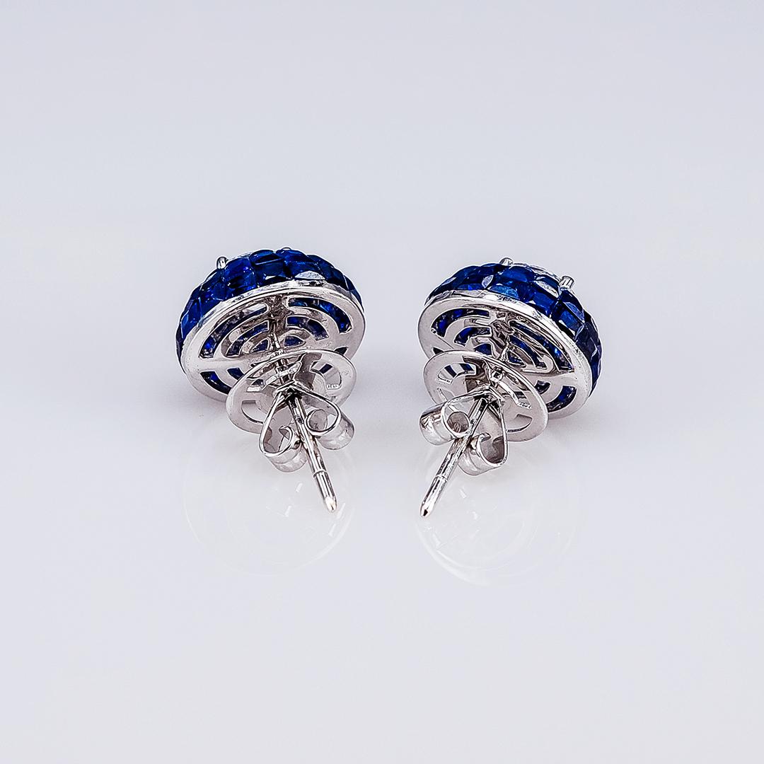 Round Cut 18 Karat White Gold Sapphire Stud Invisible Earrings