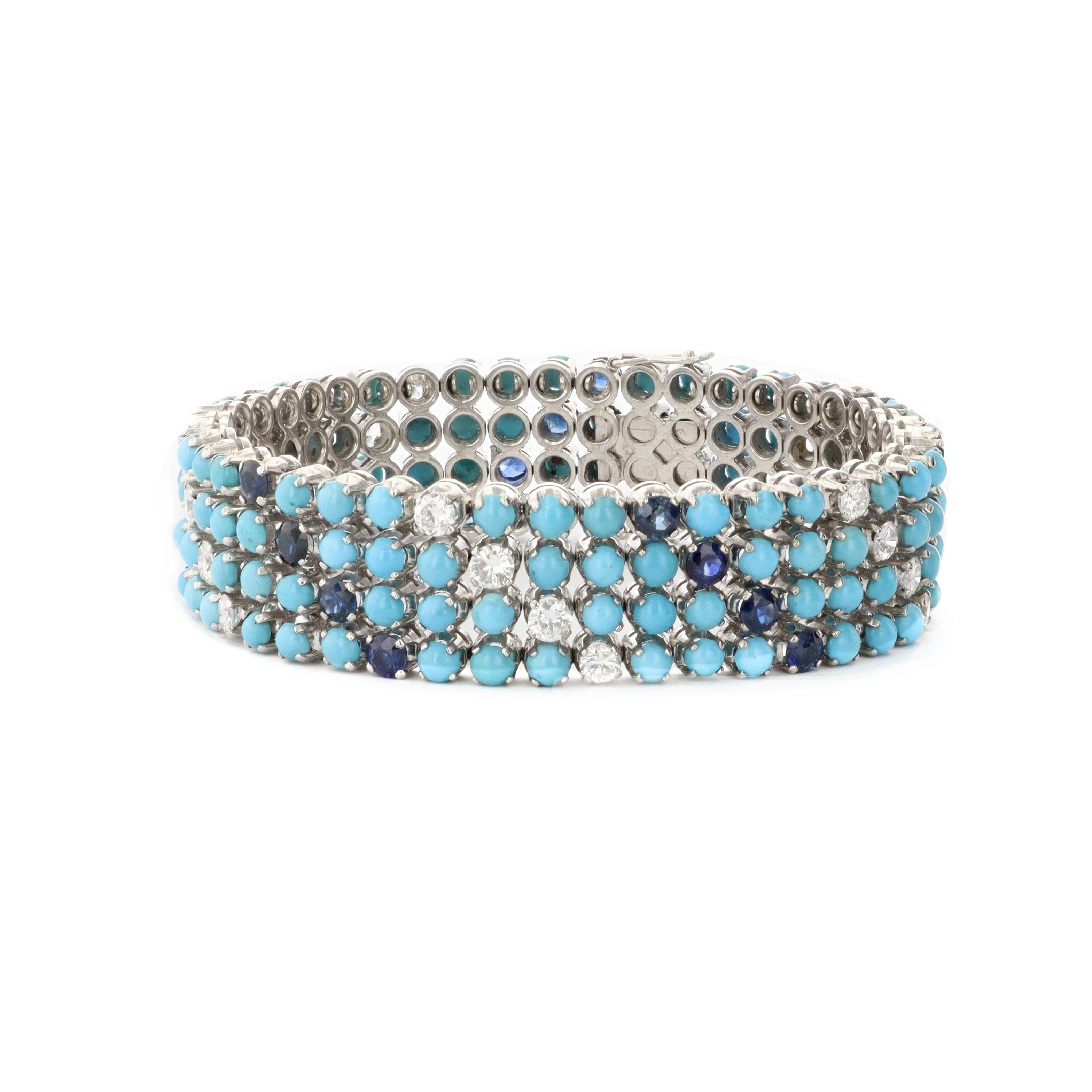 18k White Gold Turquoise, Lapis, and Diamond Bracelet In Excellent Condition For Sale In NEW ORLEANS, LA