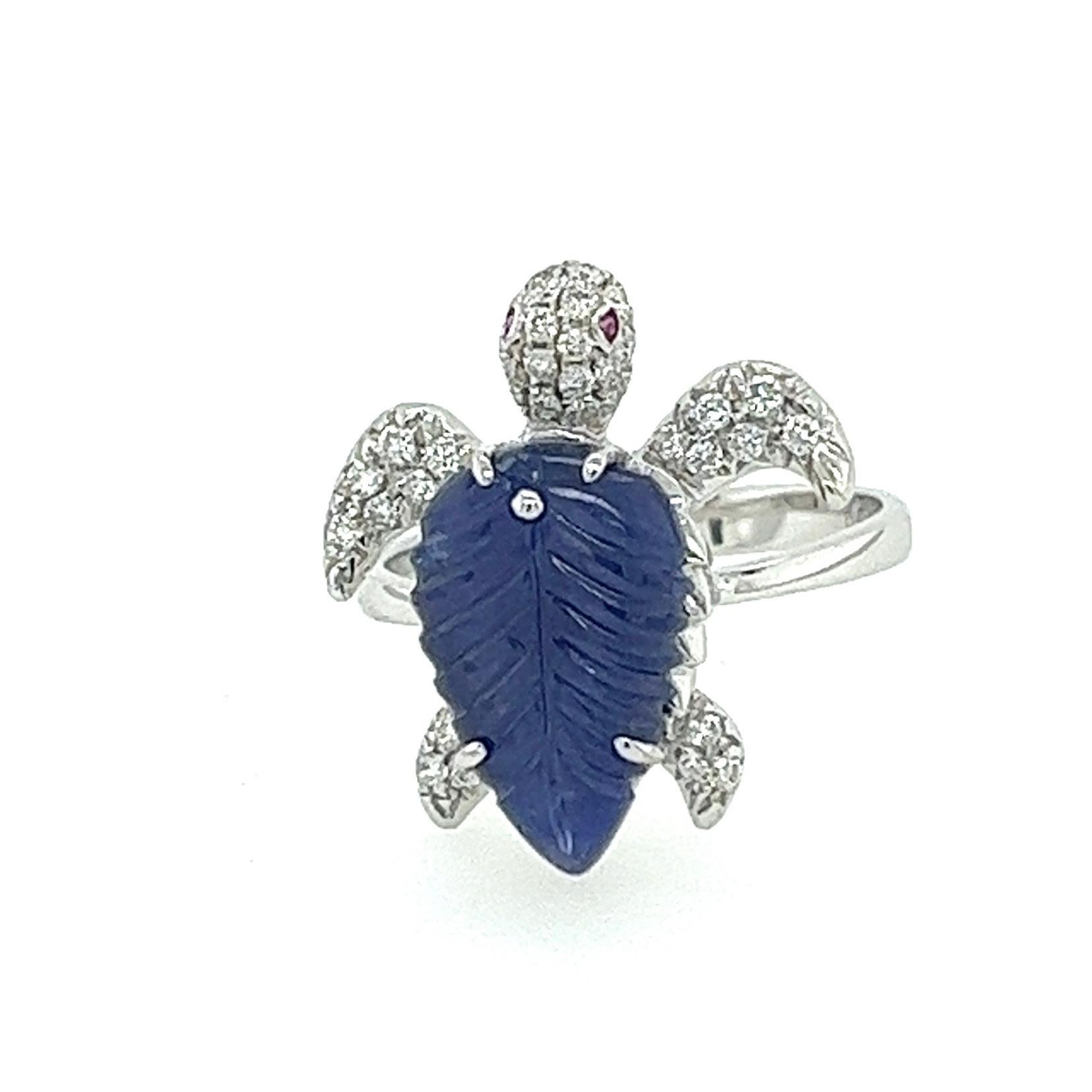 Modern 18K White Gold Sapphire Turtle Ring with Rubies & Diamonds For Sale