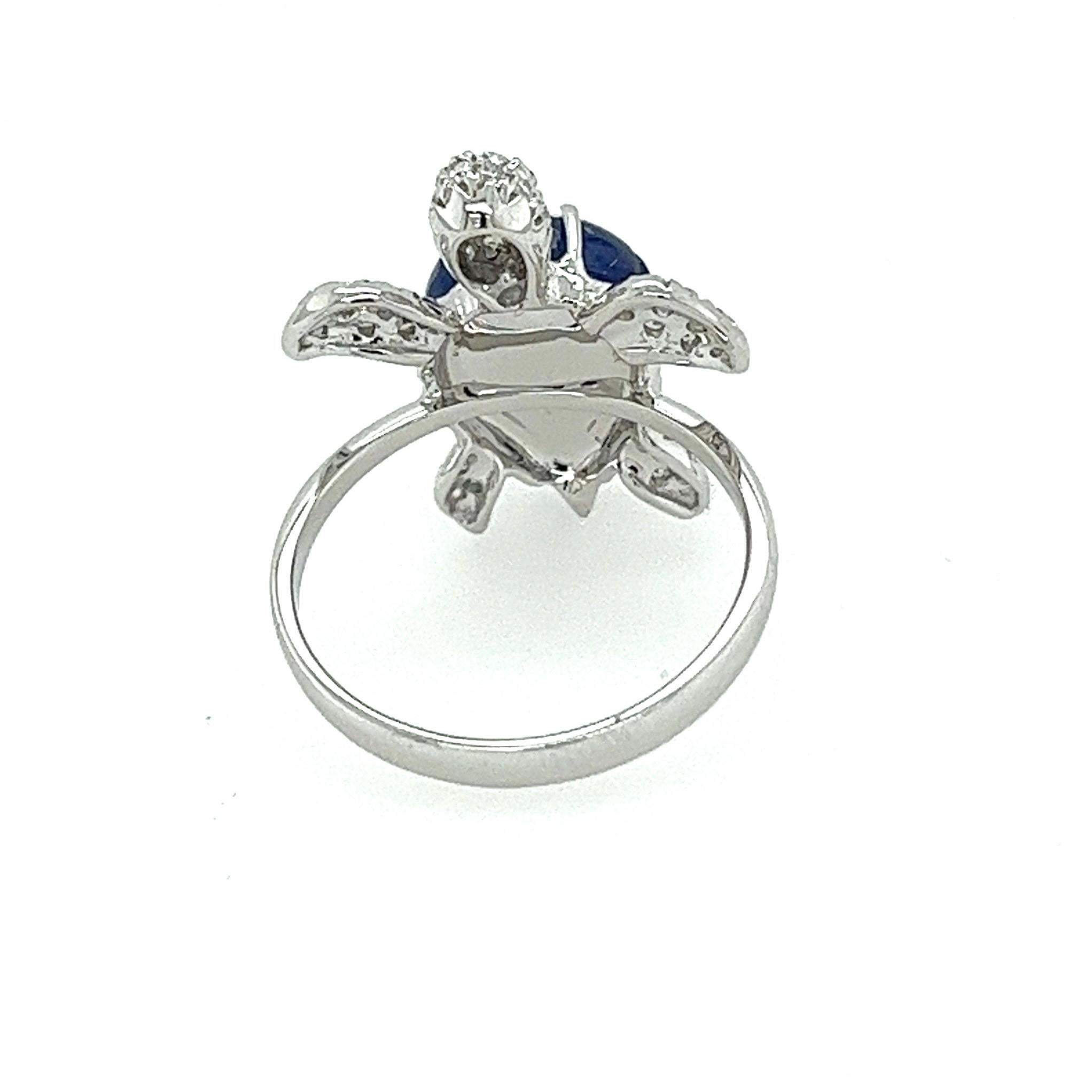 Round Cut 18K White Gold Sapphire Turtle Ring with Rubies & Diamonds For Sale
