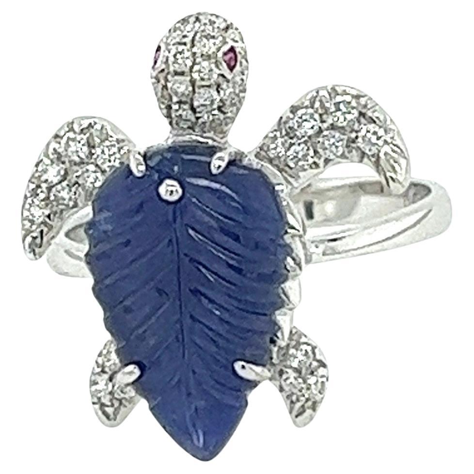 18K White Gold Sapphire Turtle Ring with Rubies & Diamonds