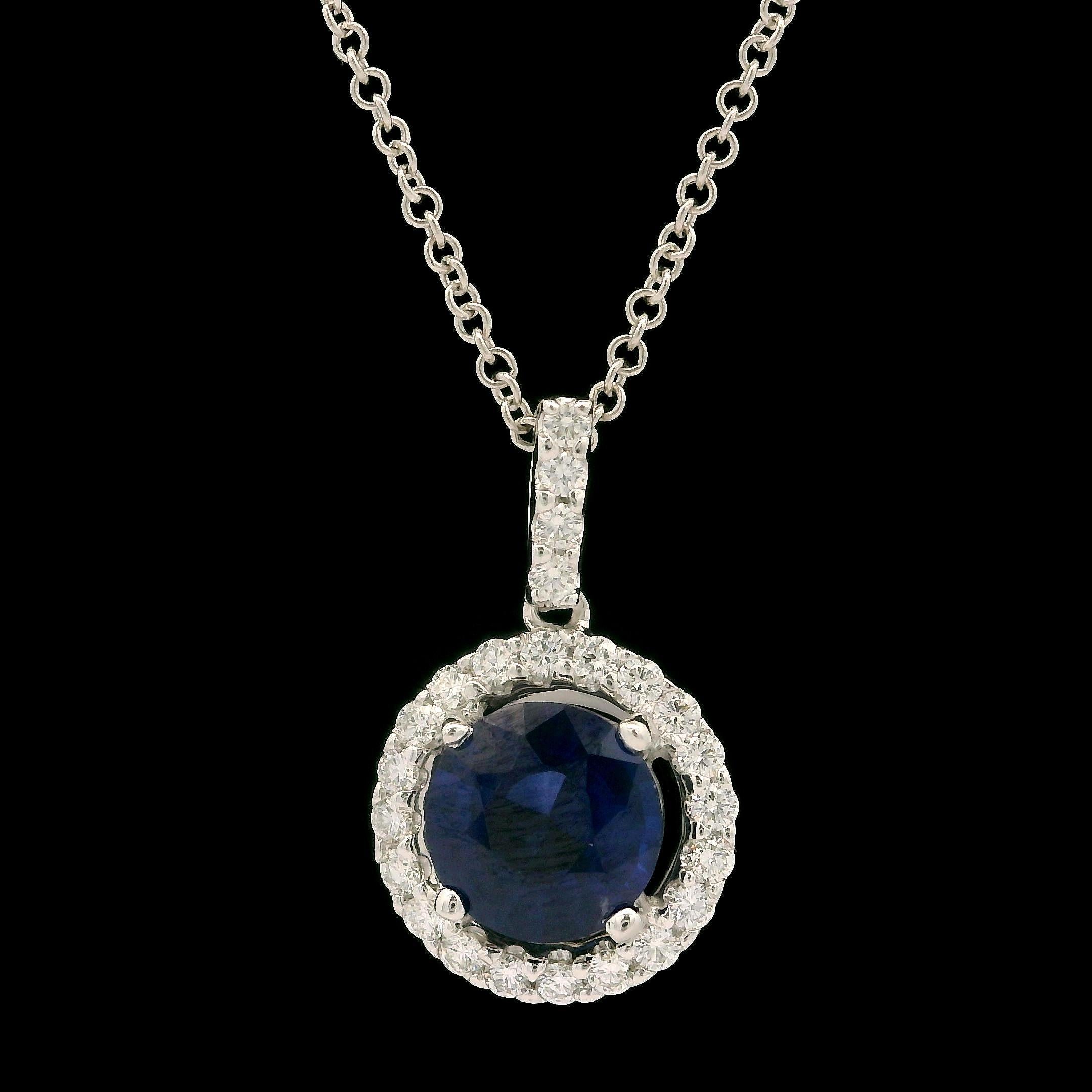 18k White Gold Sapphire w/ Diamond Halo Solitaire Slide Pendant Necklace In Excellent Condition For Sale In Montclair, NJ