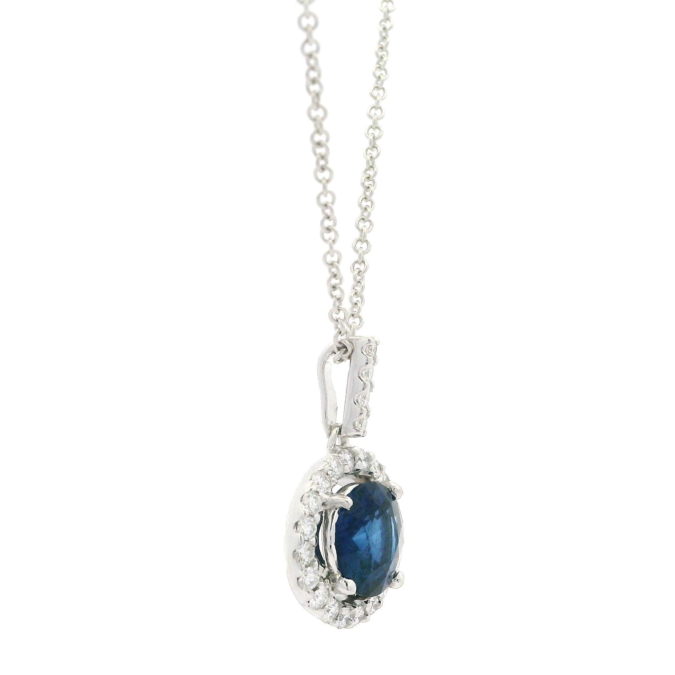 18k White Gold Sapphire w/ Diamond Halo Solitaire Slide Pendant Necklace For Sale 1