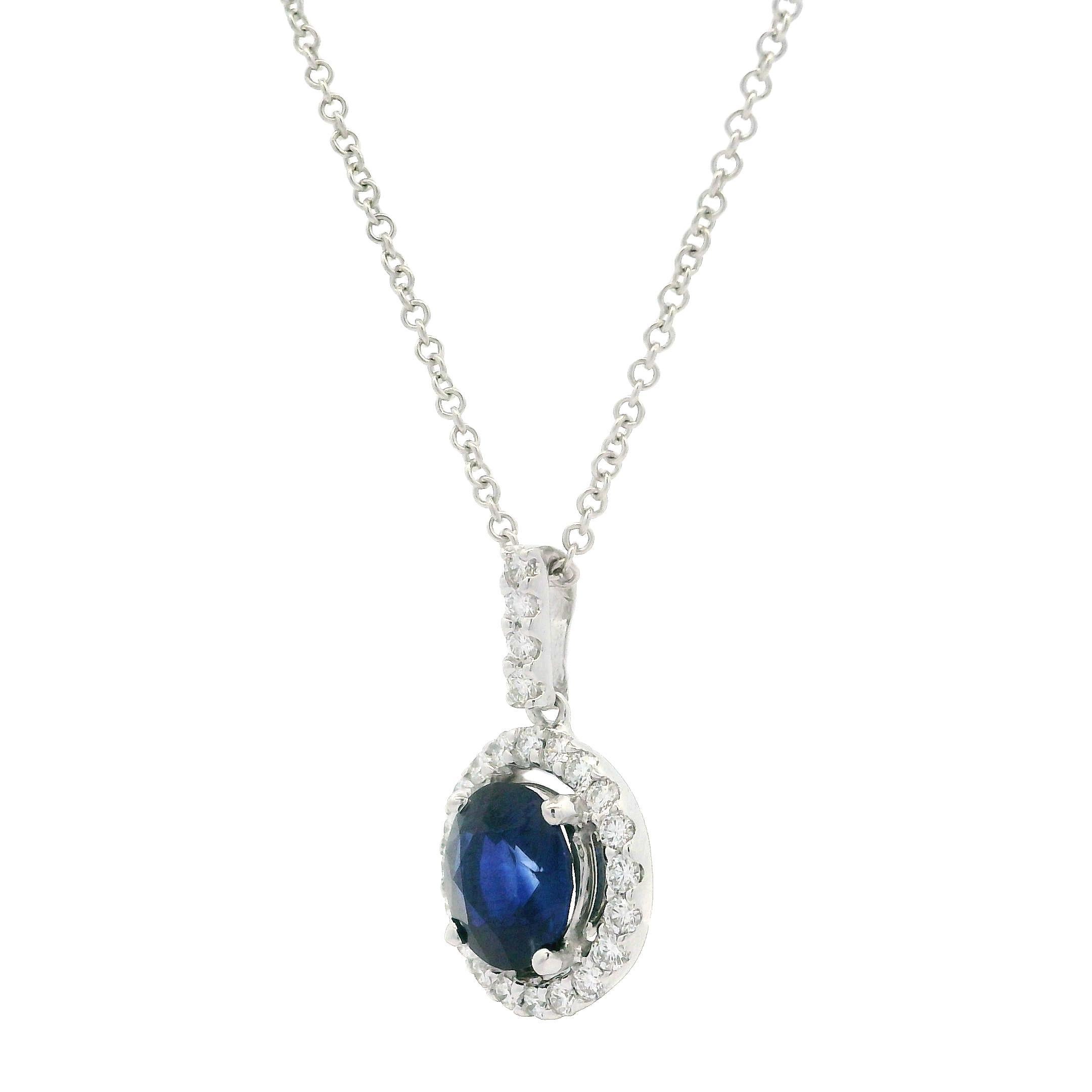 18k White Gold Sapphire w/ Diamond Halo Solitaire Slide Pendant Necklace For Sale 2