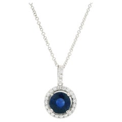 18k White Gold Sapphire w/ Diamond Halo Solitaire Slide Pendant Necklace
