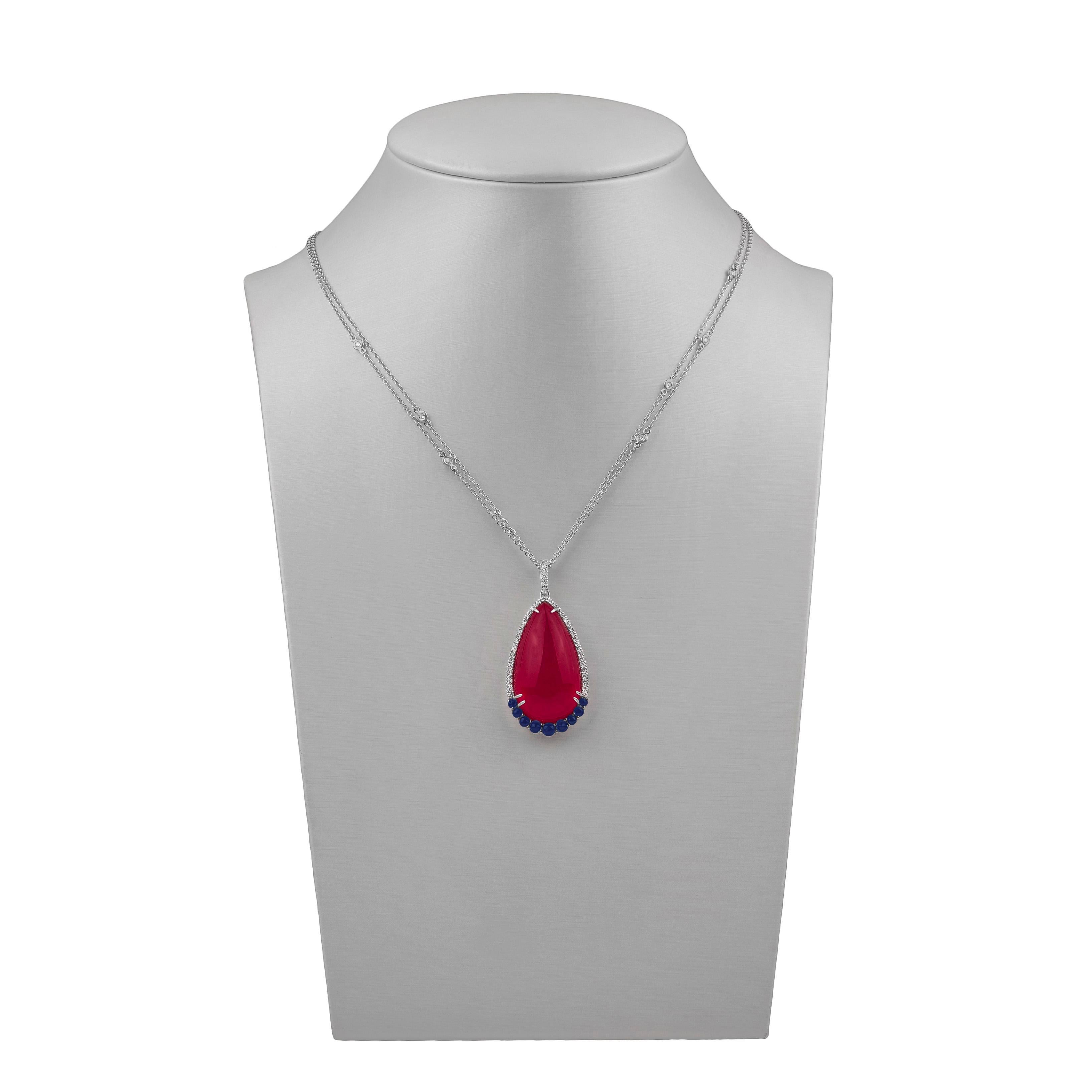 Contemporary 18k White Gold, Sapphires, Ruby and Diamonds Pendant Necklace For Sale