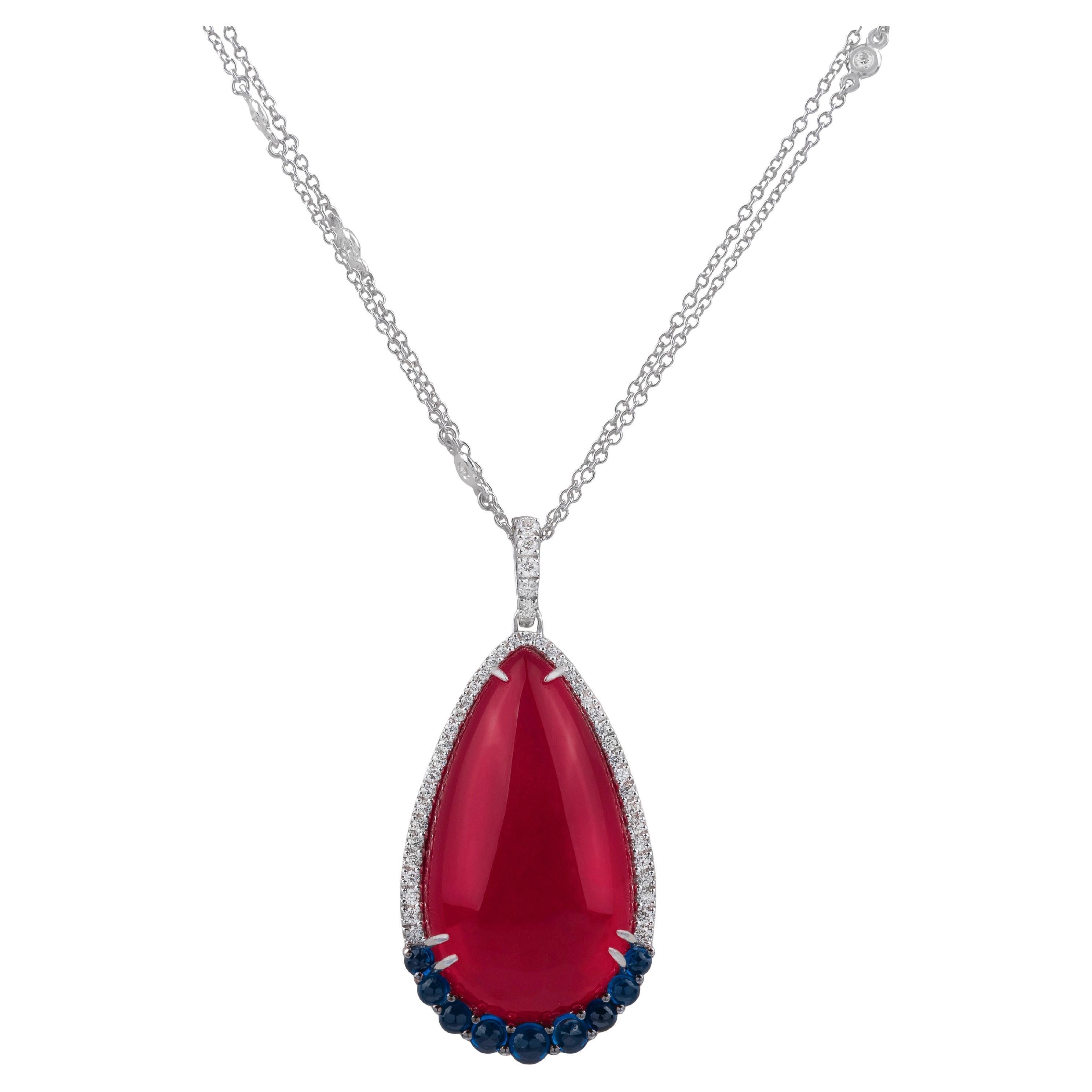 18k White Gold, Sapphires, Ruby and Diamonds Pendant Necklace For Sale