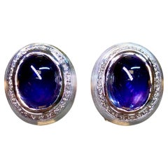 18K White Gold Satin Finished Purple Cabochon Sapphire Diamond Huggie Earrings