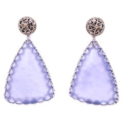 18 Karat White Gold Scroll Pattern Studs with Blue Chalcedony Earring Jackets