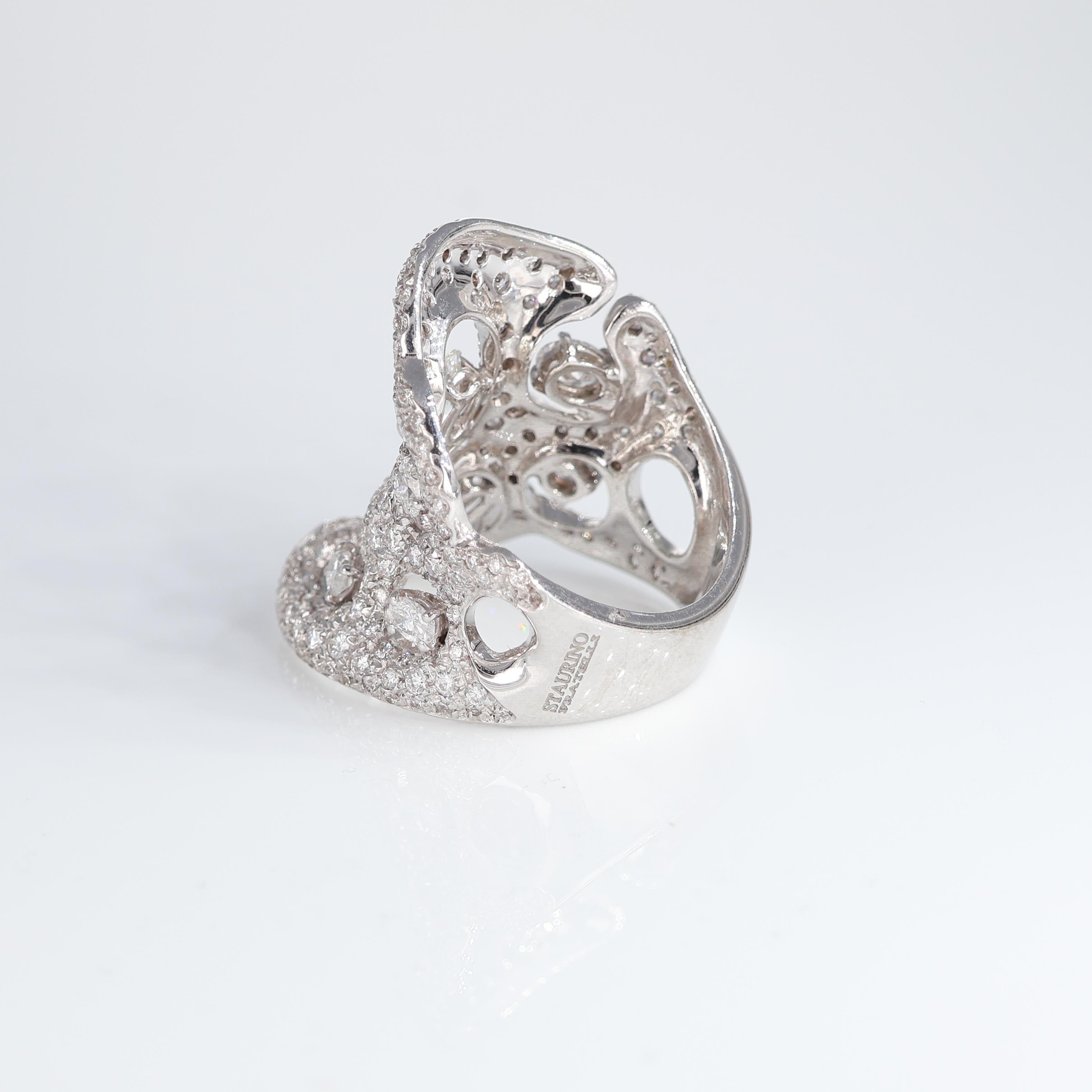 Women's or Men's 18K White Gold Sculptural Diamond Ring For Sale