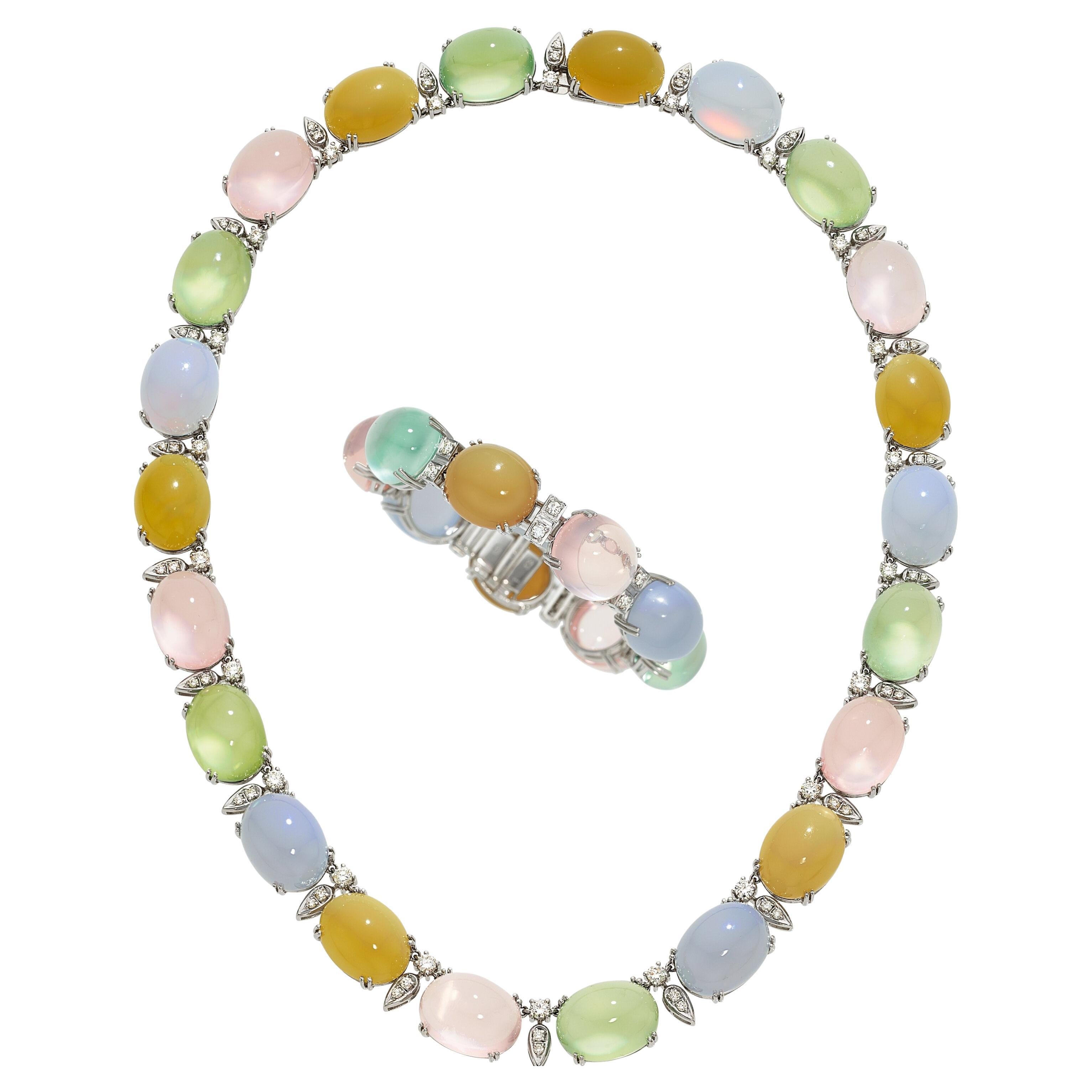 Halskette und Armband aus 18 Karat Weißgold mit Cabochon mit Halbedelsteinen und Edelsteinen