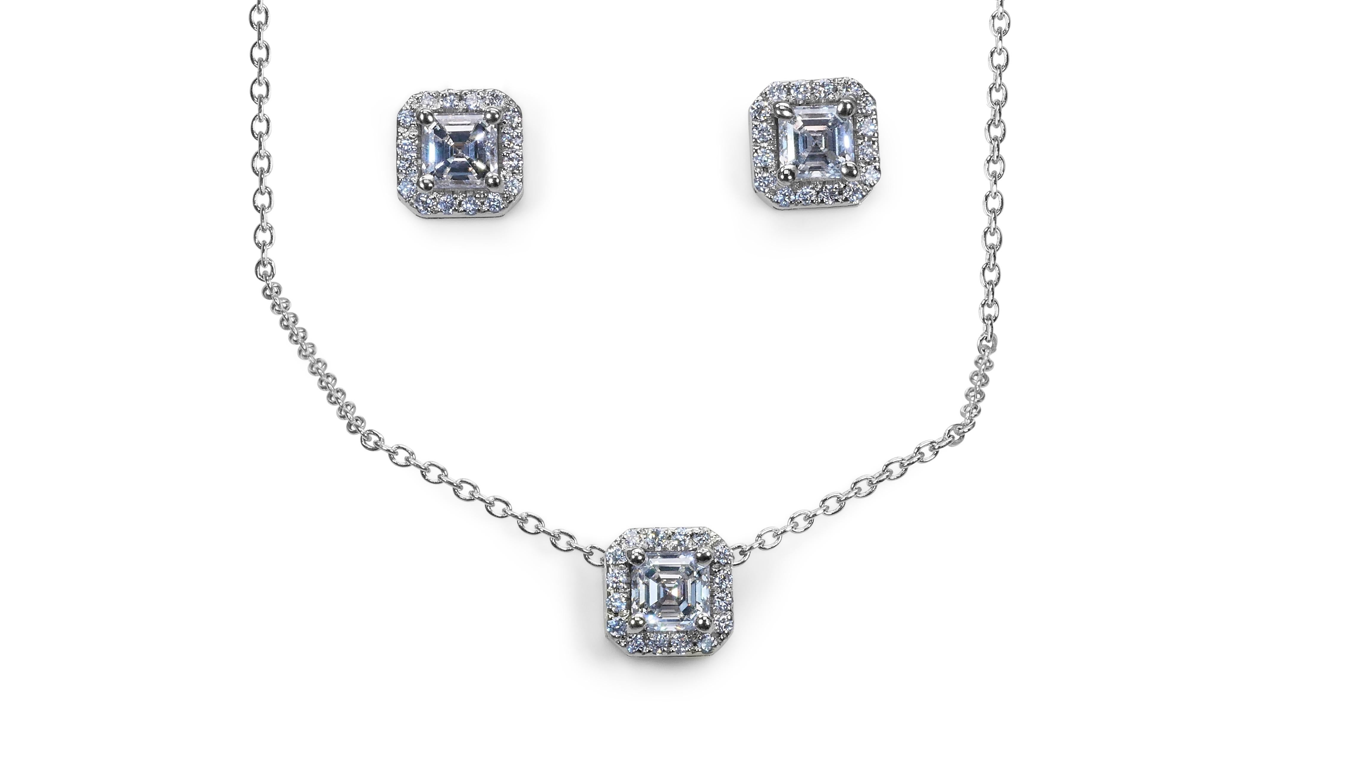 Emerald Cut 18k White Gold Set of Necklace and Earrings W/ 1.2 Ct Natural Diamonds IGI Cert