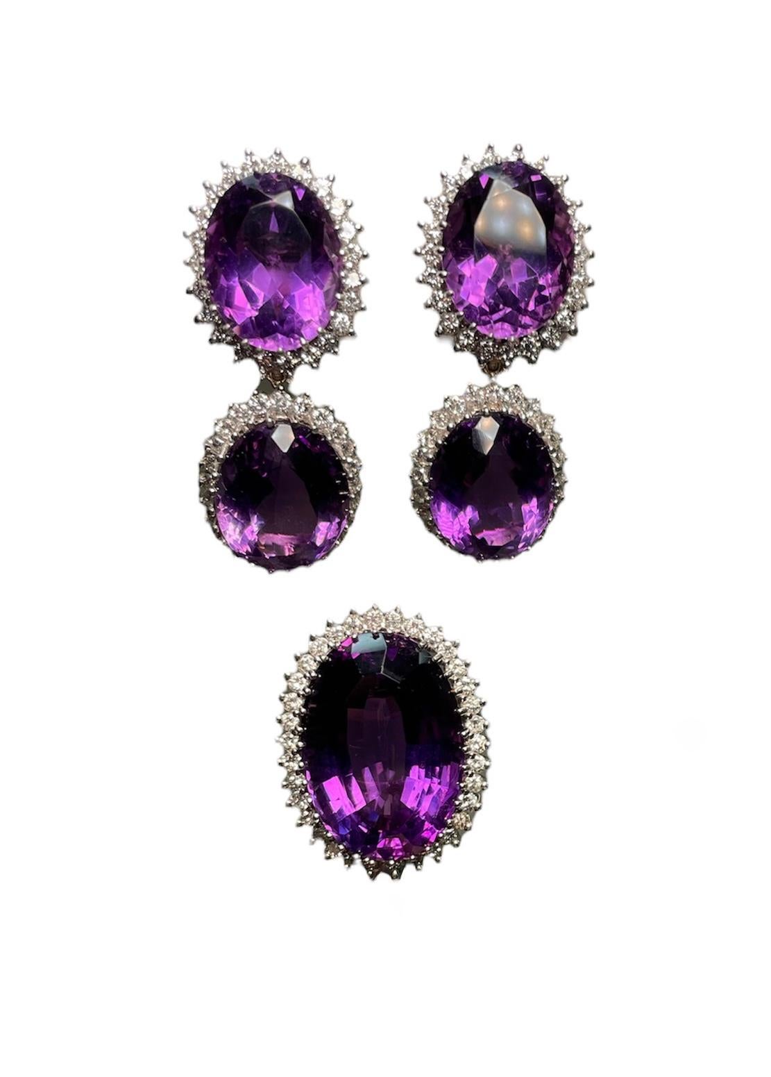 18k White Gold Set of Oval Amethyst with Halo Diamonds Dangle Earrings and Ring For Sale 6