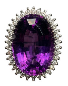 18k White Gold Set of Oval Amethyst with Halo Diamonds Dangle Earrings and Ring