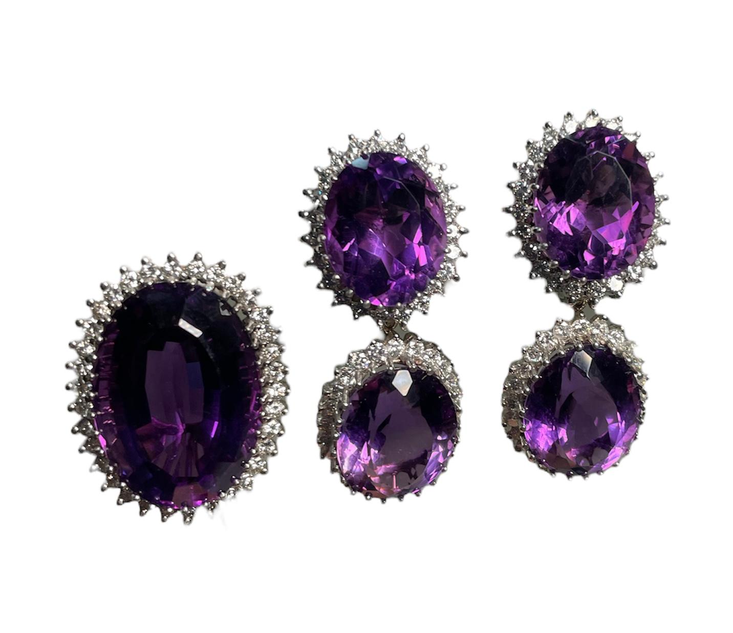 18k White Gold Set of Oval Amethyst with Halo Diamonds Dangle Earrings and Ring For Sale 2