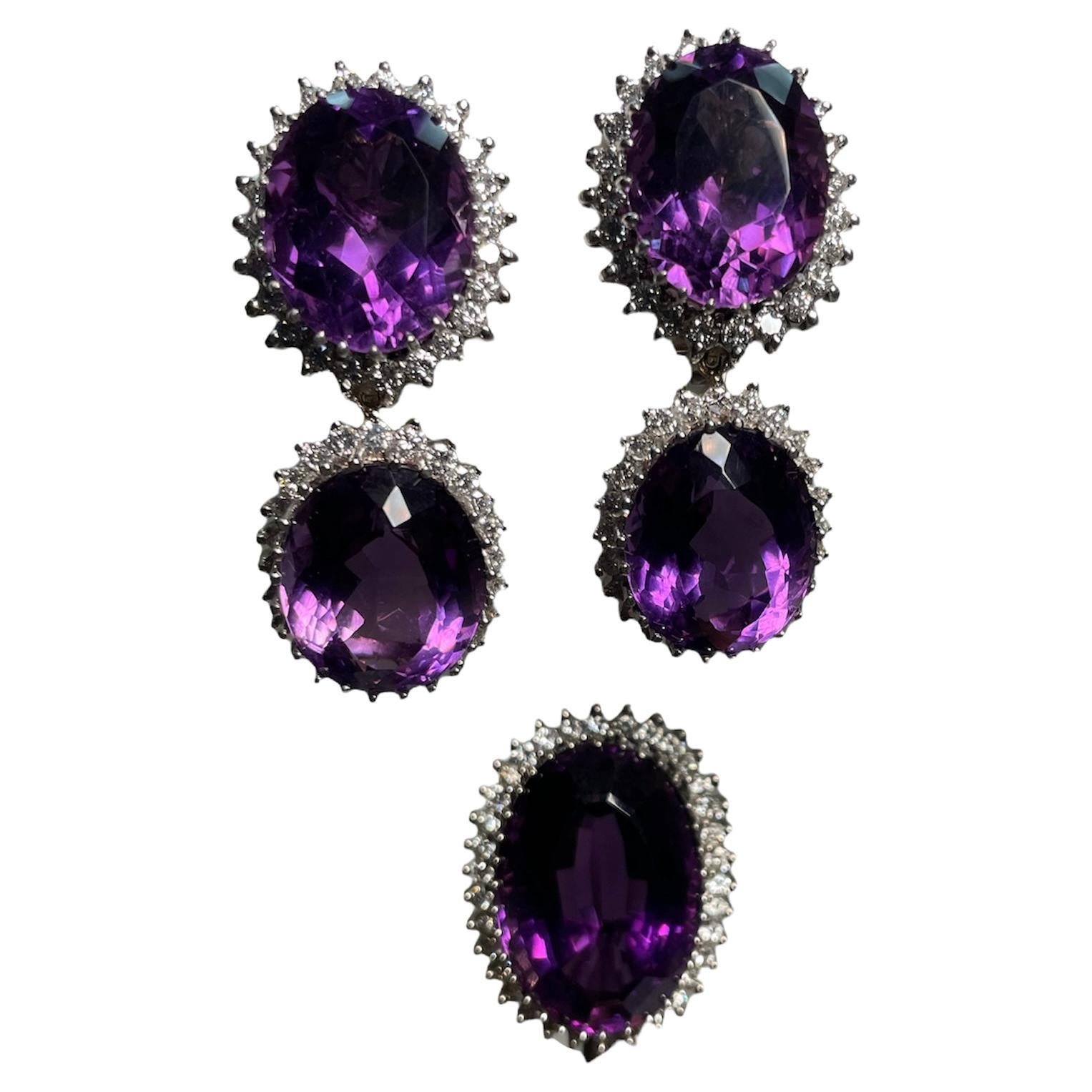 18k White Gold Set of Oval Amethyst with Halo Diamonds Dangle Earrings and Ring For Sale