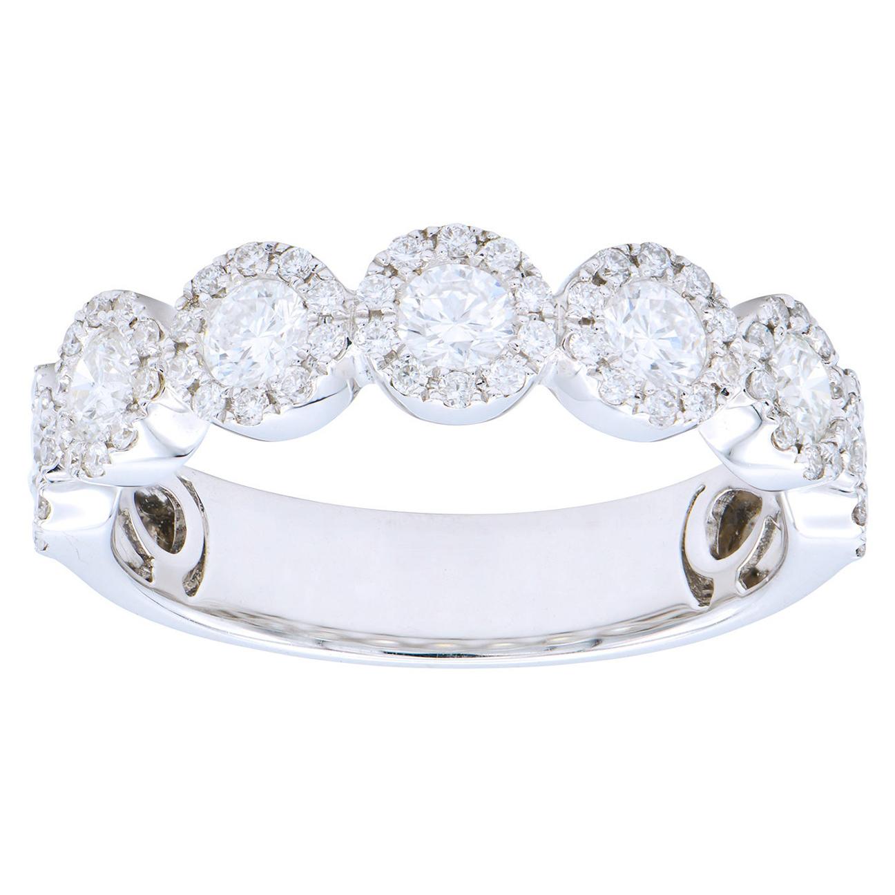 18K White Gold Seven Round Diamond Ring with Diamond Halos For Sale