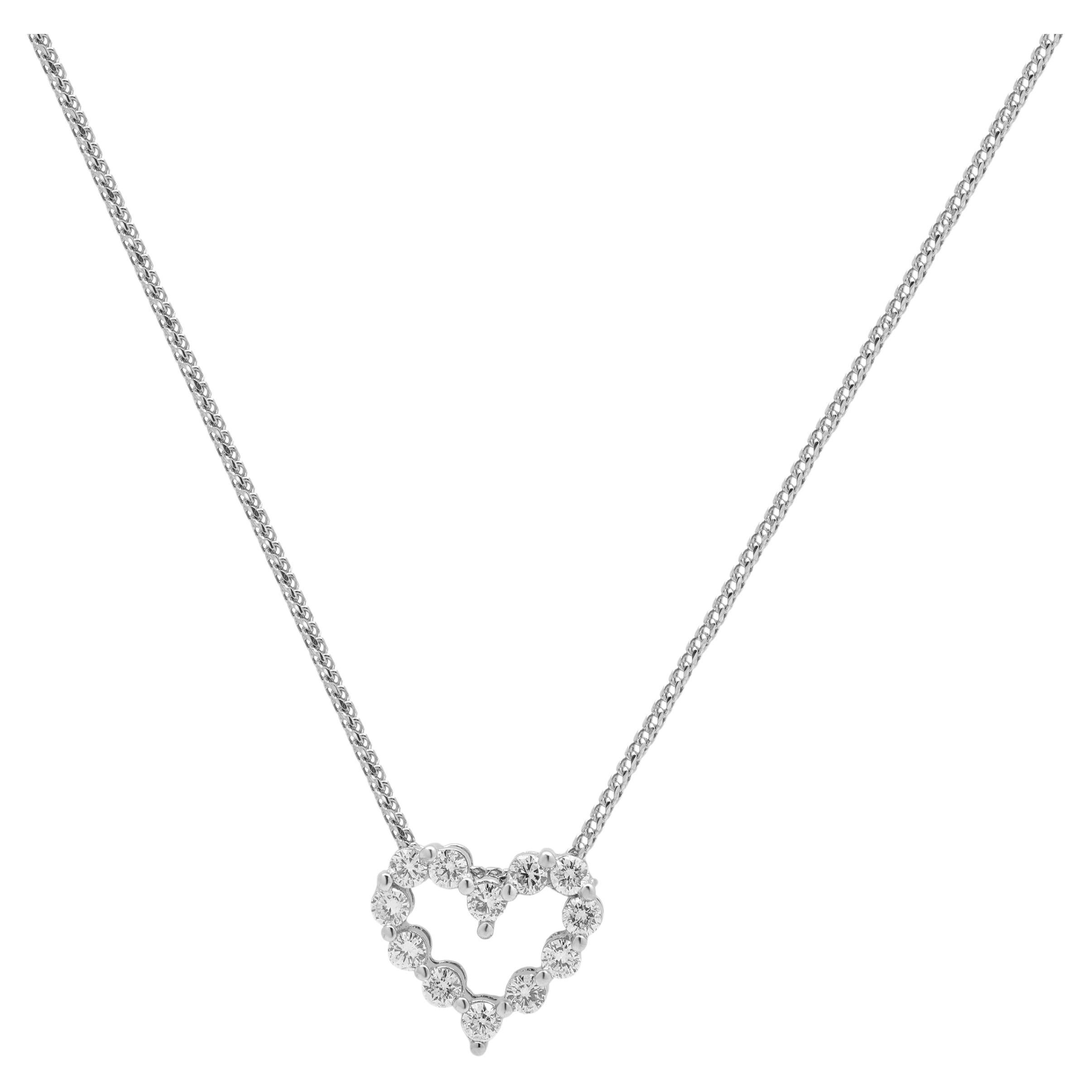 18K White Gold Shared Prong Set Round Diamond Heart Pendant Necklace 16.0"