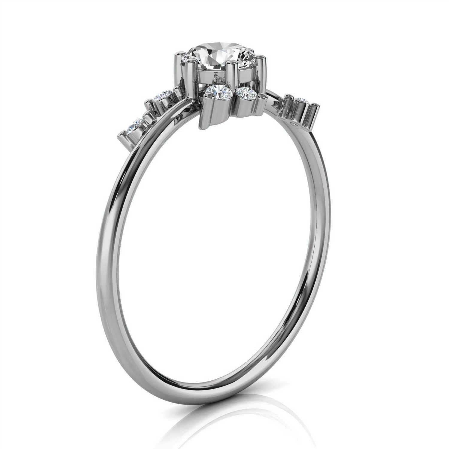 This petite handcrafted earthy, organically designed ring features a 1/3 carat center round cut. Six (6) round diamonds are un evenly scattered on a 1.2 mm wide shank adds to its rustic style. Experience the difference in person!

Product details: