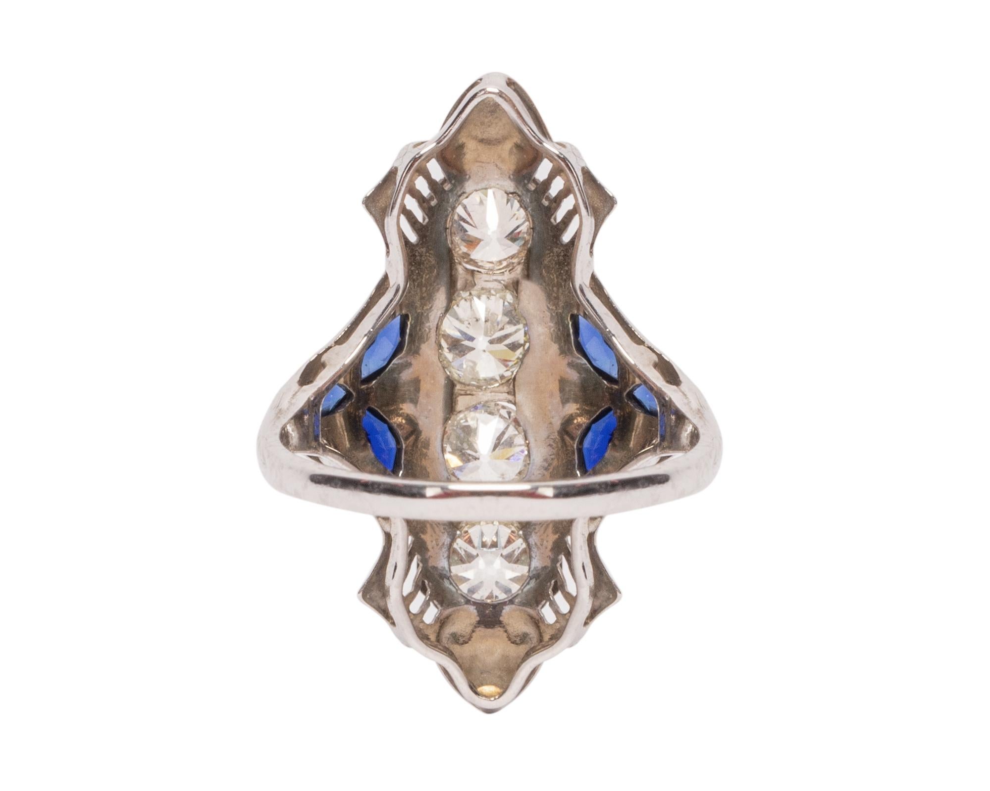 Art Deco 18 Karat Gold Shield Ring with 4 Old Euro Cut Diamonds w/ Tris of Blue Sapphires