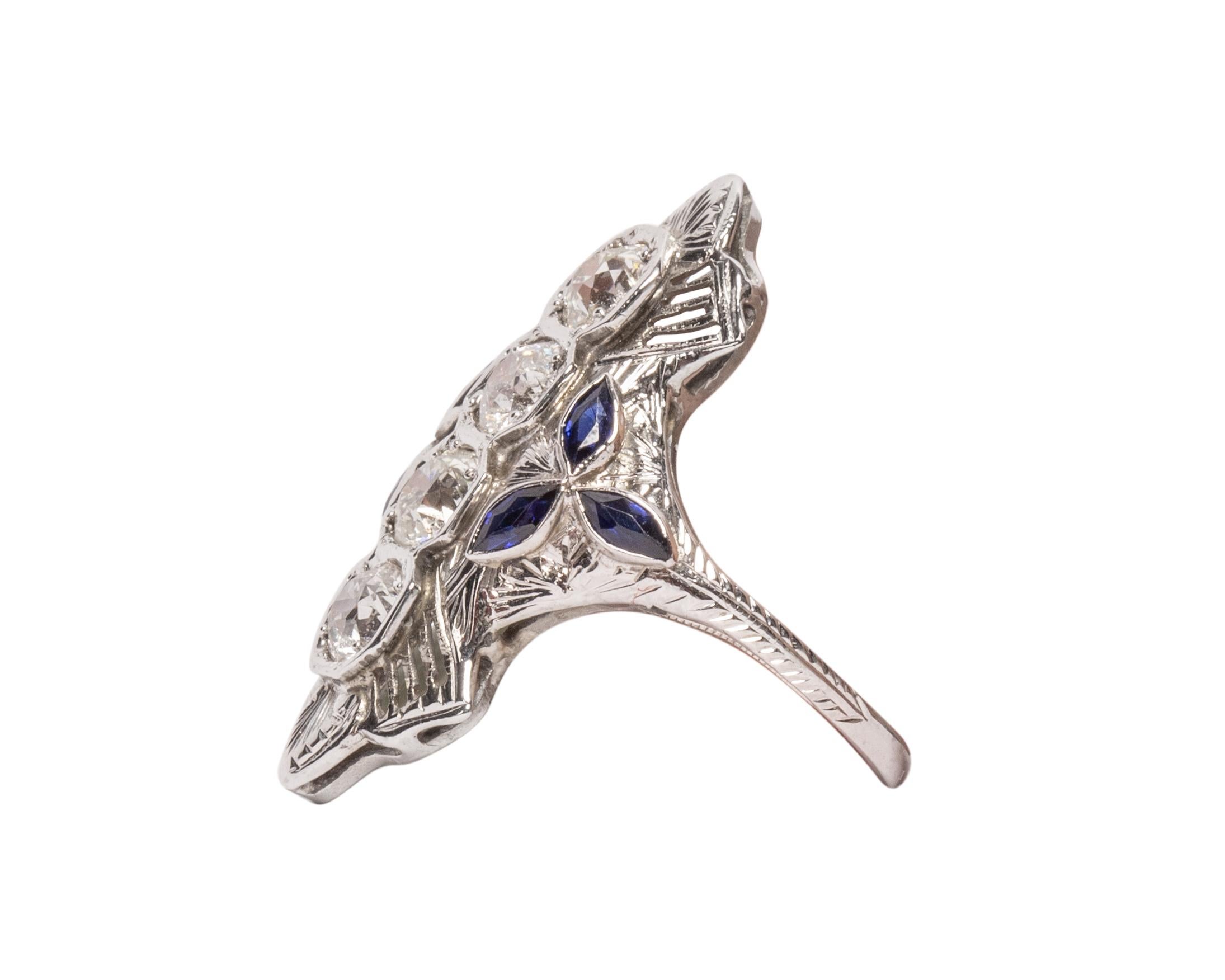 Old European Cut 18 Karat Gold Shield Ring with 4 Old Euro Cut Diamonds w/ Tris of Blue Sapphires