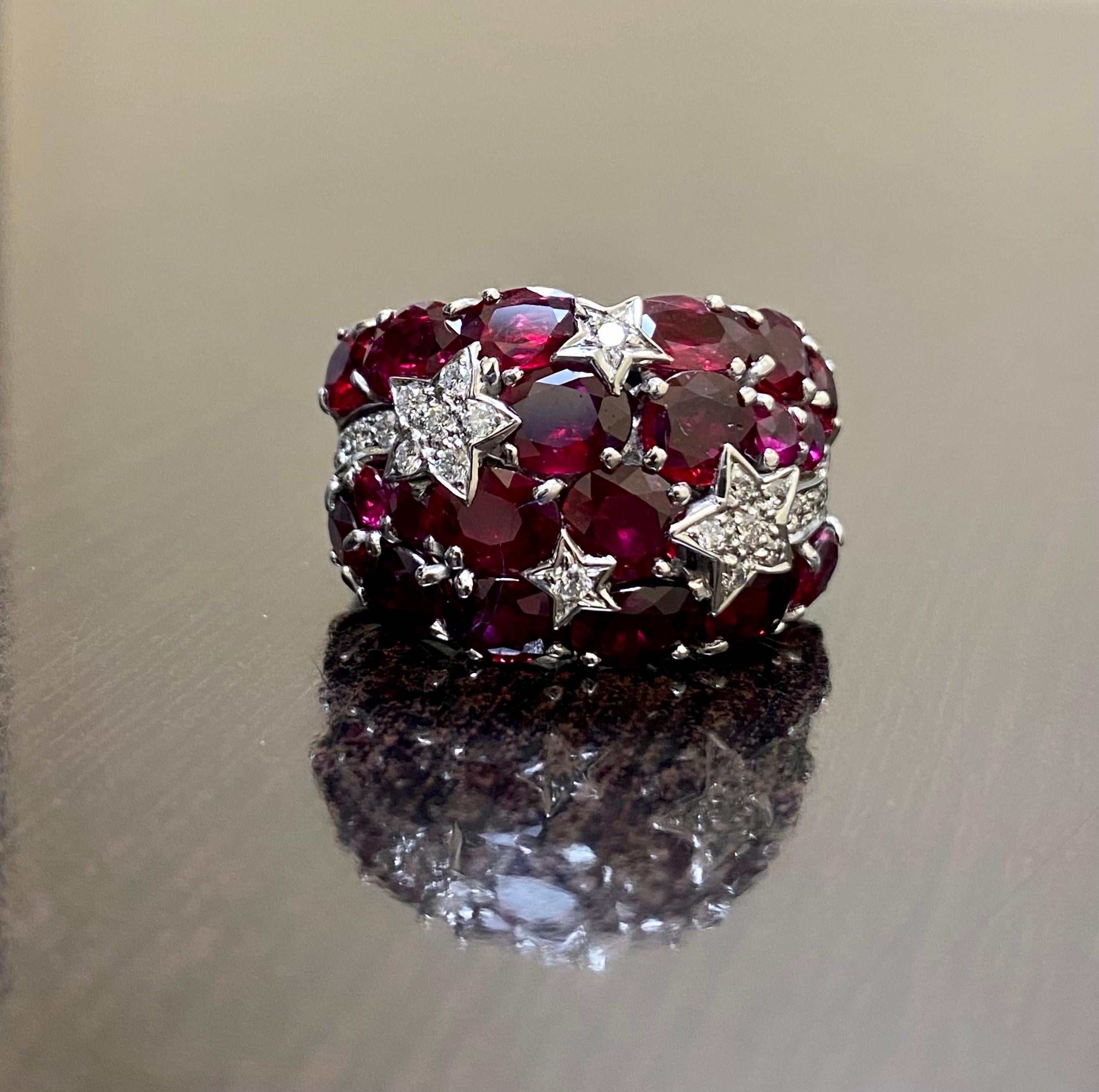 DeKara Design Collection

Metal- 18K White Gold, .750.  15.60 Grams.

Stones- 16 Oval and 4 Round Genuine Rubies 10.50 Carats, 22 Round Diamonds F-G Color VS2 Clarity 0.34 Carats.  

Size- 6 3/4.  Free Sizing.

Featuring a Handmade One of a Kind