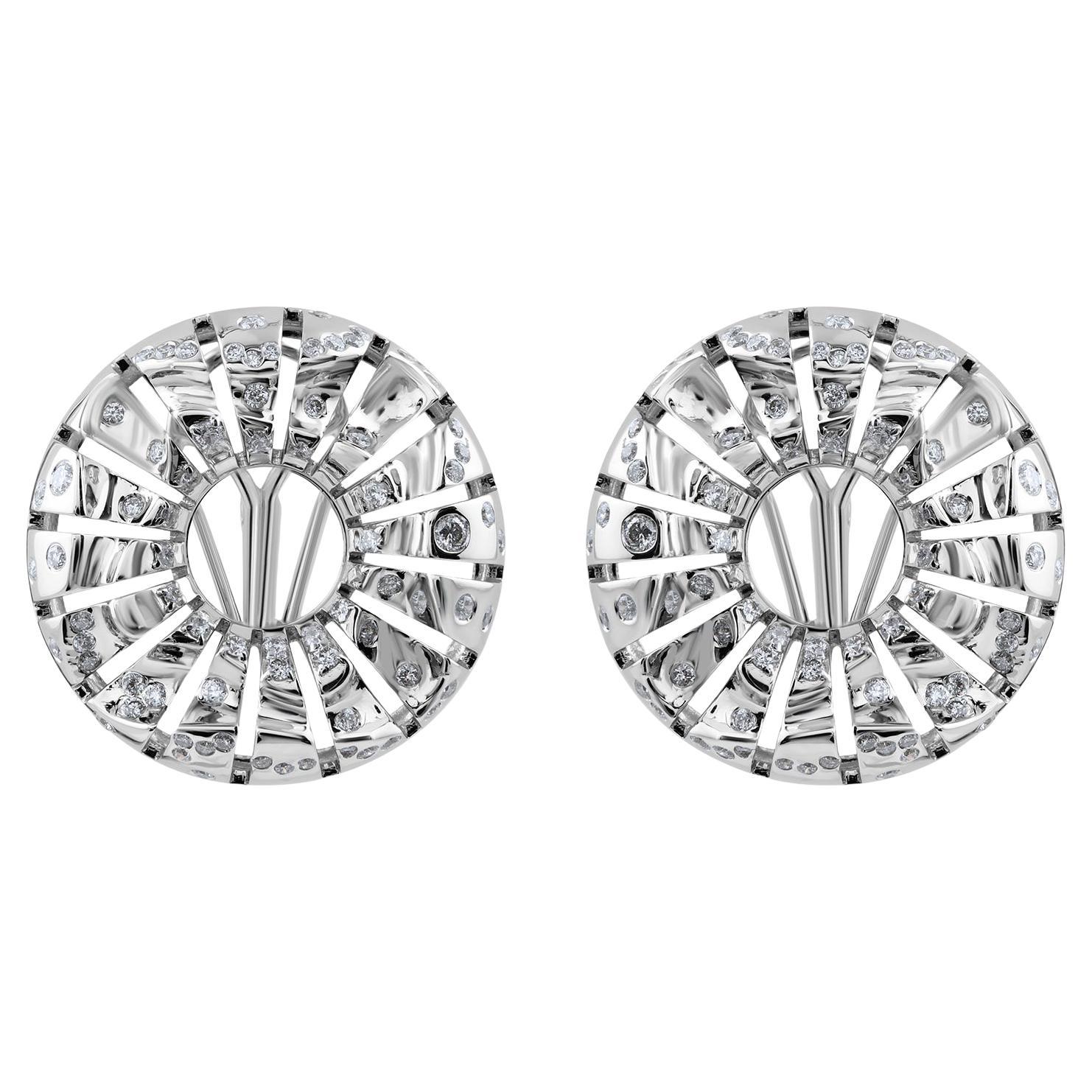 18k White Gold SI/H Pave Diamonds Fluted Halo Clip-On Stud Earrings