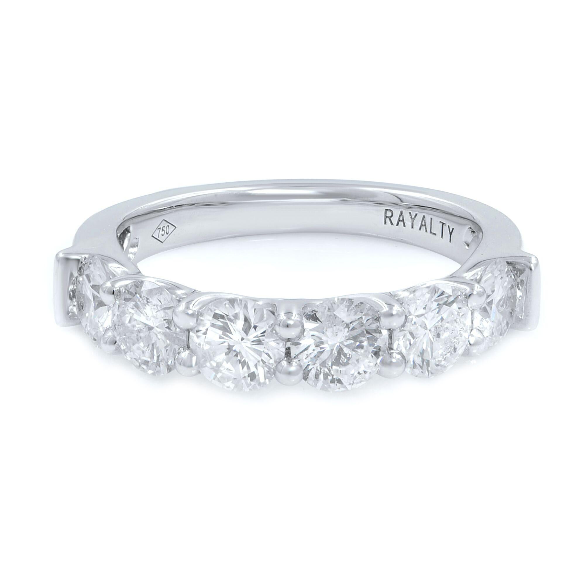 Six stone diamond eternity band crafted in 18k white gold mounted with beautiful white round brilliant cut diamonds of 1.82cts total weight. Best ring for any milestone or celebration. 
Size: 7
Weight: 4.1