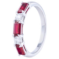 18K White Gold Single Row Ring Alternating Rubies 0.90 Cts & Diamonds 0.21 Cts
