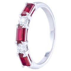 18K White Gold Single Row Ring Alternating Rubies 0.90 Cts & Diamonds 0.21 Cts