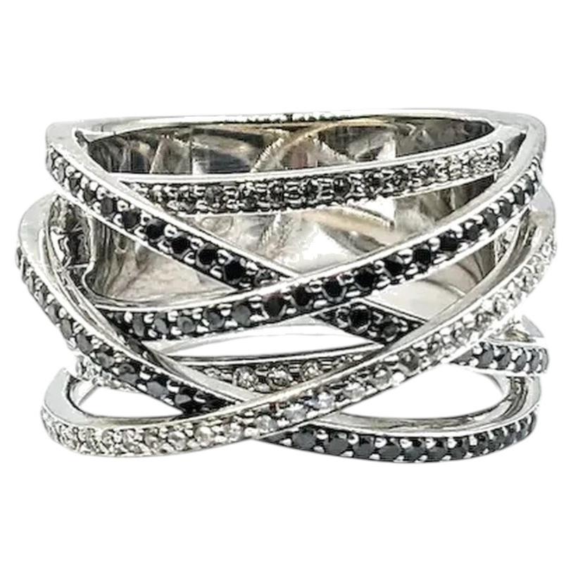 18K White Gold Six-Row Black and White Diamond Crossover Ring