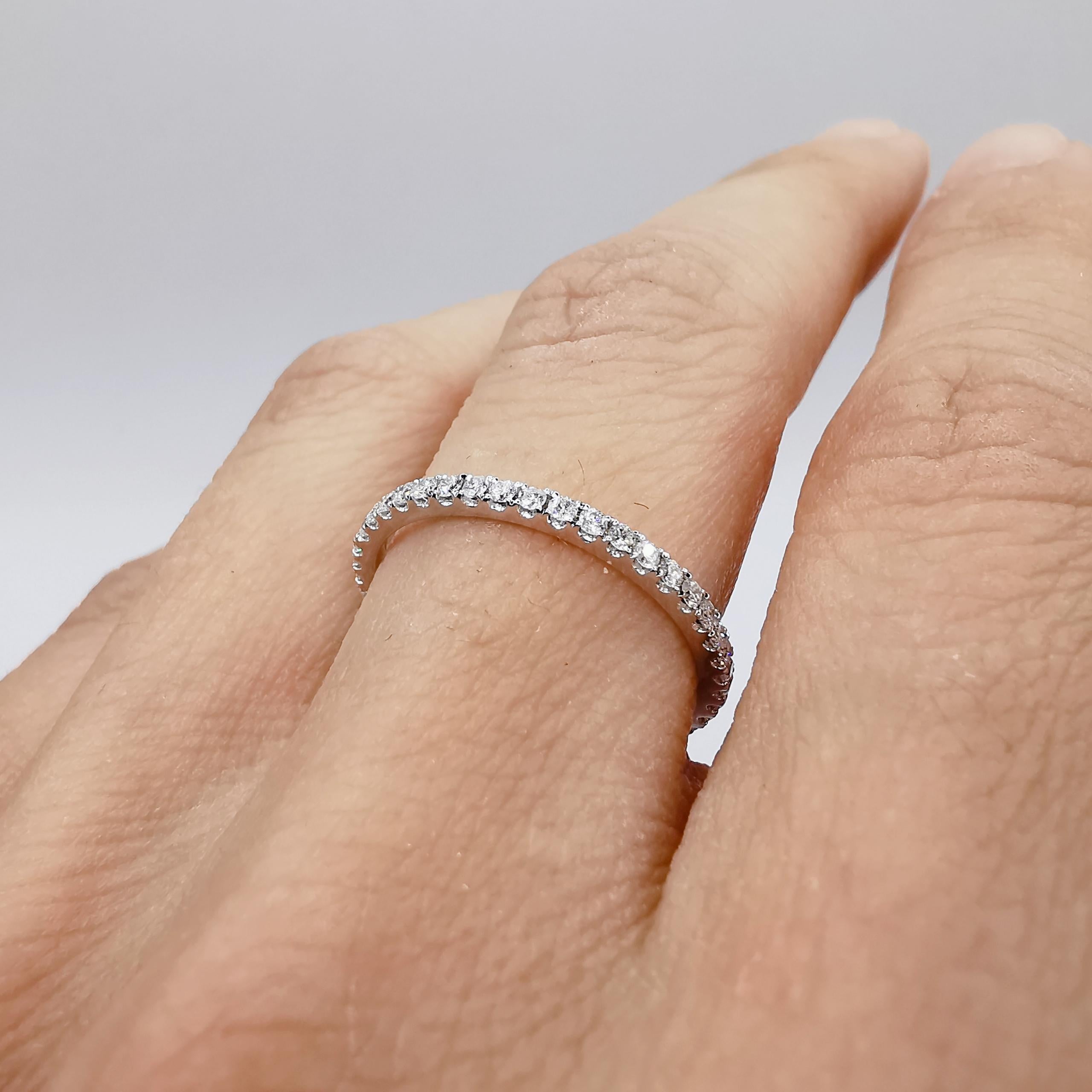 For Sale:  18K White Gold Skinny Diamond Pavé Eternity Band Wedding Stacking Ring 5