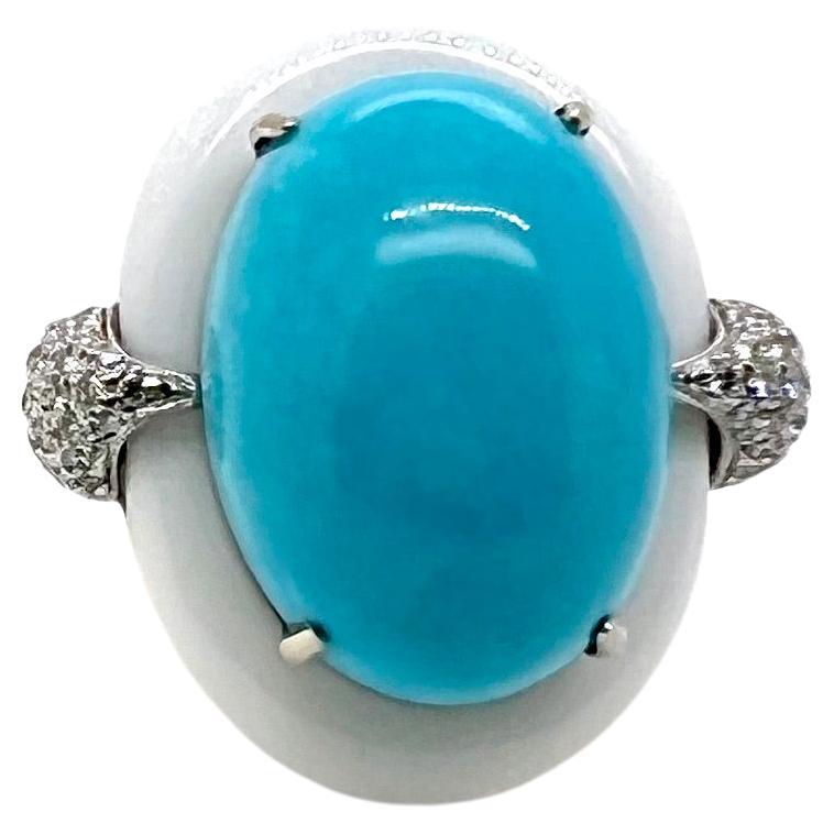 18k White Gold Sleeping Beauty Turqouise Ring with Diamonds and White Agate