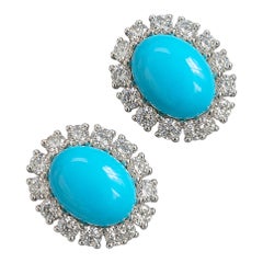 18K White Gold Sleeping Beauty Turquoise and Diamond Cluster Earrings