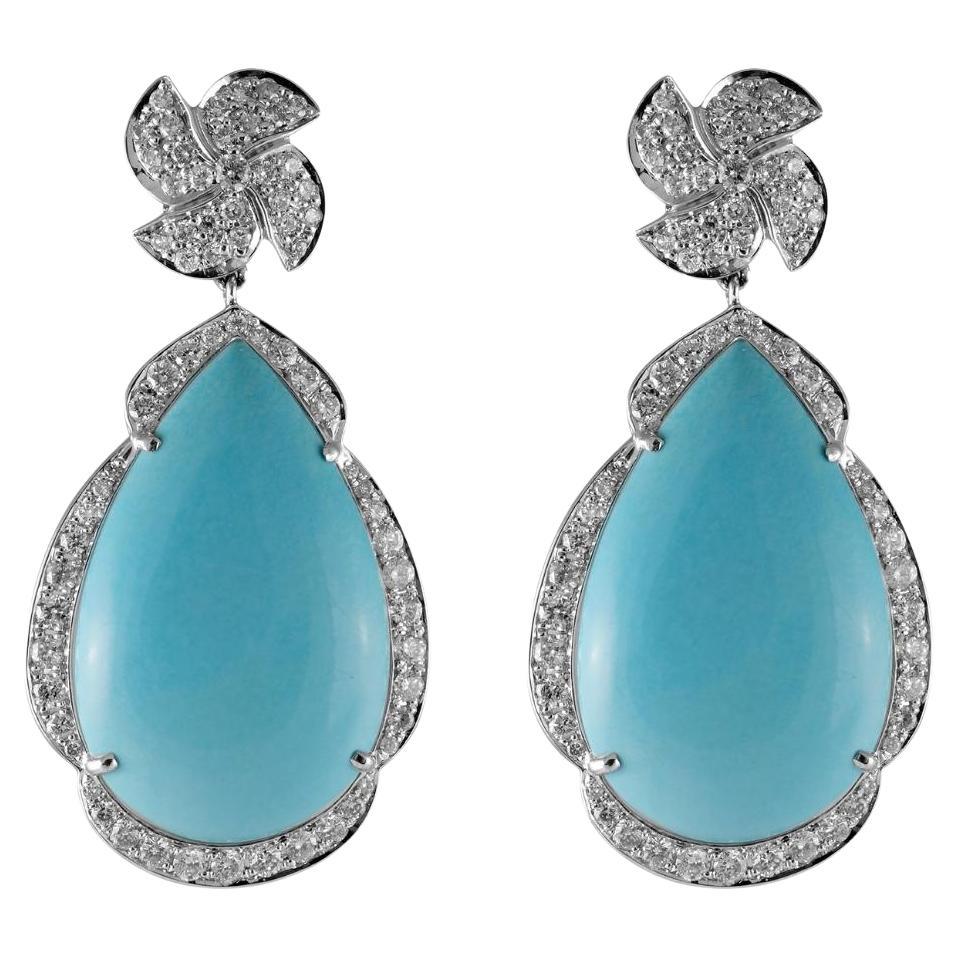 18k White Gold Sleeping Beauty Turquoise Drop Earrings with Diamonds For Sale