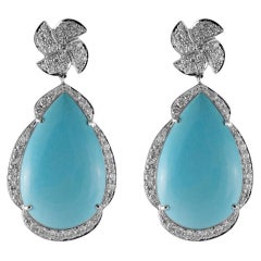18k White Gold Sleeping Beauty Turquoise Drop Earrings with Diamonds